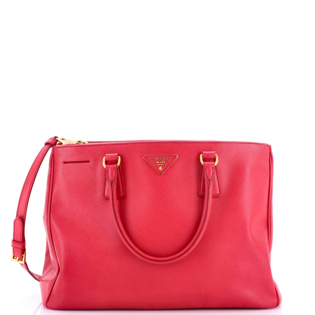 Lux Tote Saffiano Leather Medium double zip by Prada: Lux Tote Saffiano Leather Medium double zip by Prada Pink Saffiano Leather Lux Tote with Double Zip, featuring a medium size and gold hardware. This Prada tote boasts a classic design with a touch-up