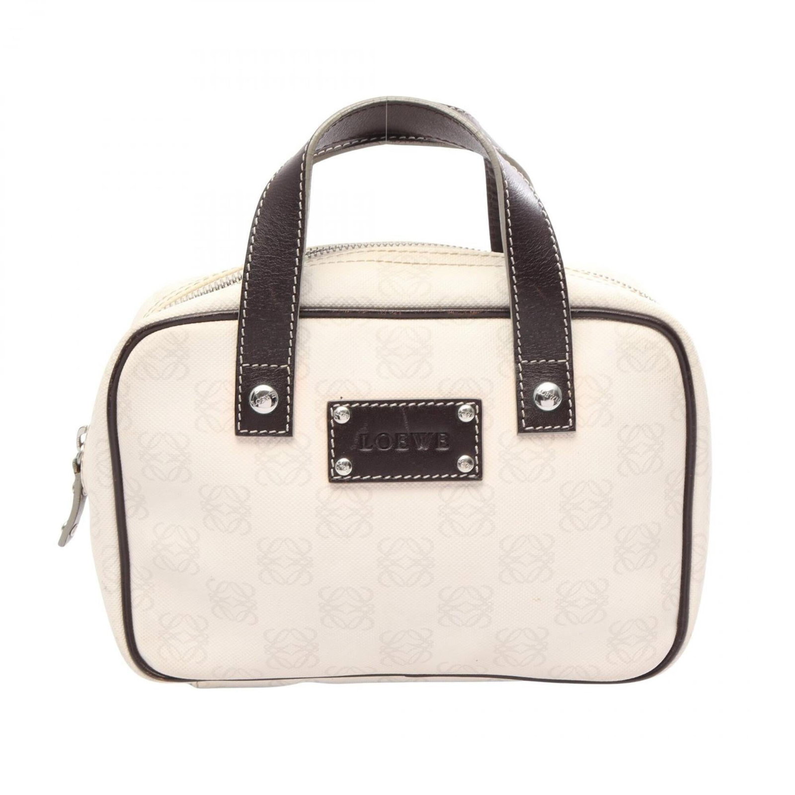 Handbag Coated Leather by Loewe: Handbag Coated Leather by Loewe Brown and White Coated Leather Handbag by Loewe. This handbag features coated canvas and leather materials, with a signature on the exterior. Measuring 14cm x 21cm x 7c