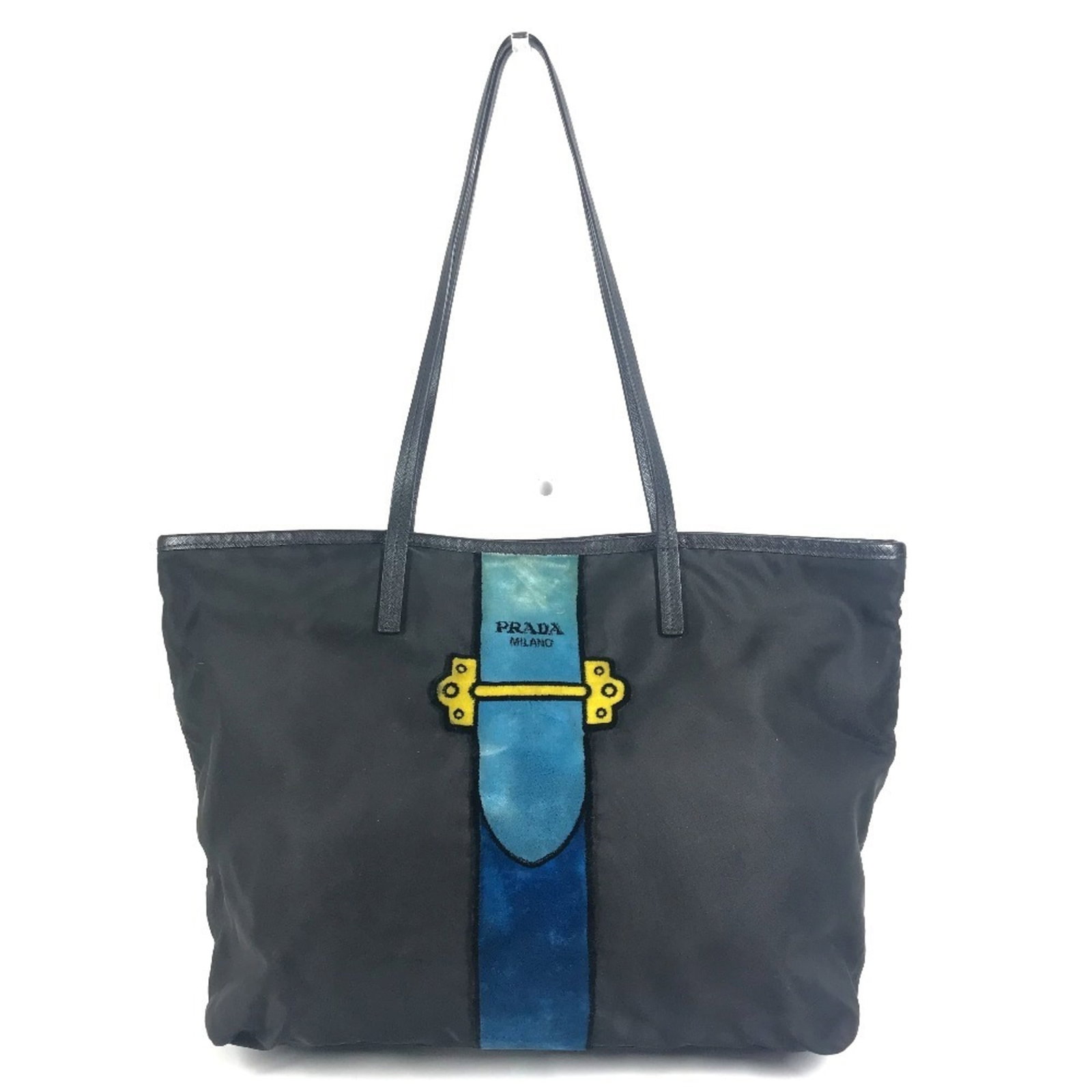 Nylon Leather Prada Bag Tote Shoulder: Nylon Leather Prada Bag Tote Shoulder Black and blue nylon leather Prada shoulder tote bag with measurements 29cm x 34cm x 13cm. This stylish bag features a unique blend of materials, combining the du