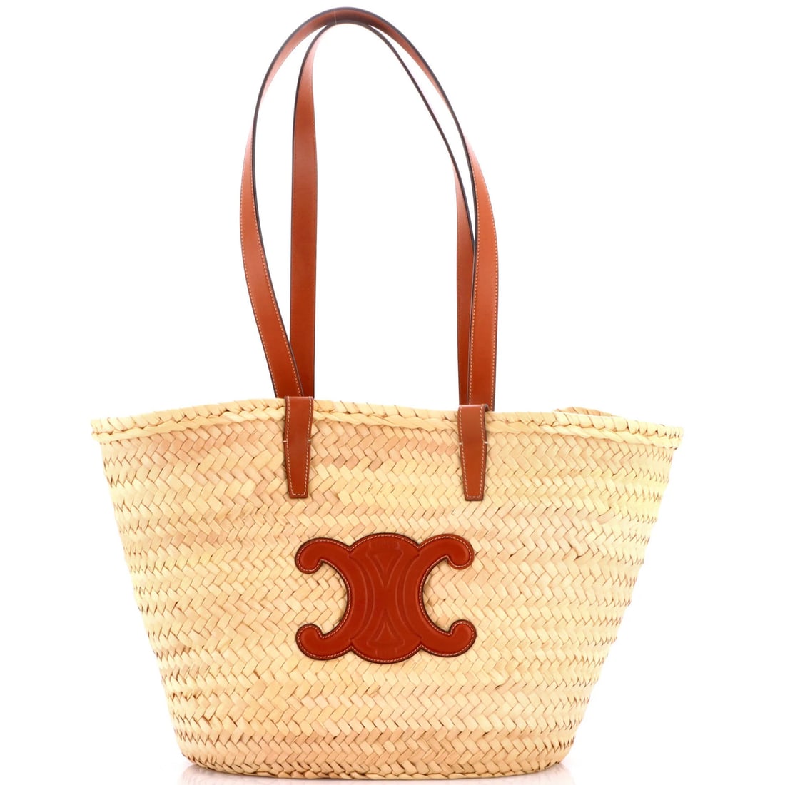 Celine Triomphe Basket Shoulder Bag Raffia with Leather Large: Celine Triomphe Basket Shoulder Bag Raffia with Leather Large The Celine Triomphe Basket Shoulder Bag Raffia with Leather Large boasts a timeless neutral exterior, complemented by a spacious interior 