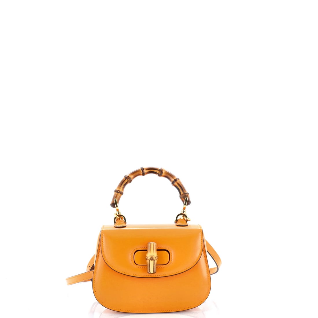 Gucci Bamboo Leather Bag 1947 Mini Top Handle: Gucci Bamboo Leather Bag 1947 Mini Top Handle The Gucci Bamboo Leather Bag 1947 Mini Top Handle boasts a vibrant orange exterior, complemented by neutral interior and gold hardware. Measuring just 3" 