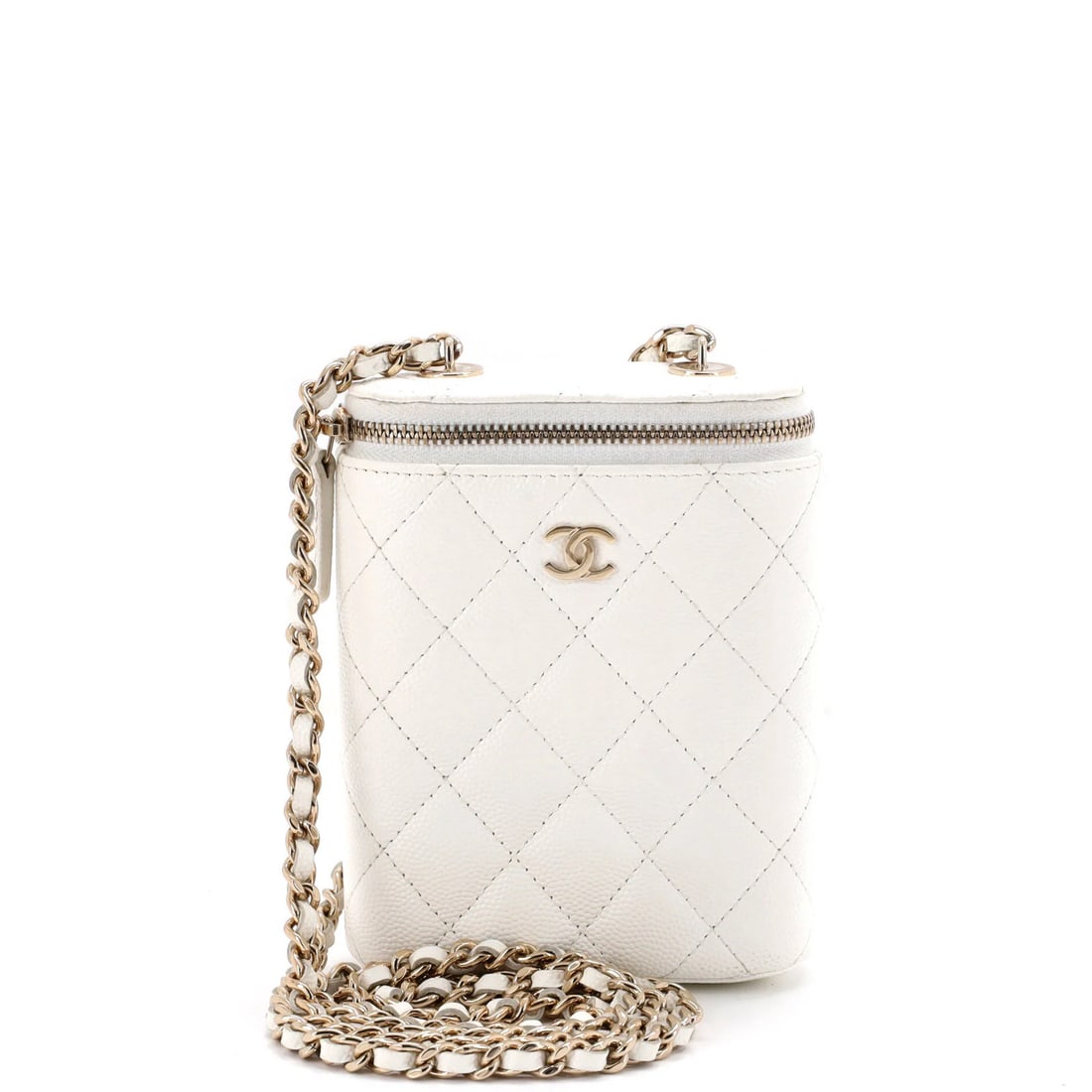 Classic Chanel Quilted Vanity Case with Chain Small Caviar Vertical: Classic Chanel Quilted Vanity Case with Chain Small Caviar Vertical White quilted caviar leather exterior, gold hardware, and chain details make this small Chanel vanity case stand out. Measuring 4.75