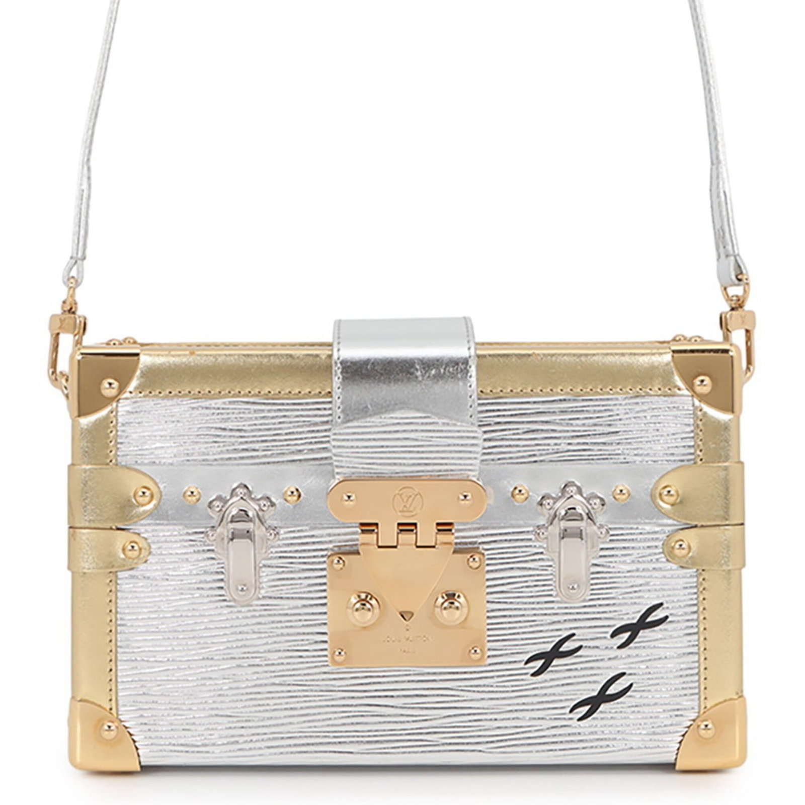 Louis Vuitton Clutch Bag Handbag Shoulder Bag: Louis Vuitton Clutch Bag Handbag Shoulder Bag Gold and Silver Louis Vuitton Clutch Bag Handbag Shoulder Bag for Women, Italy Made. This luxurious shoulder bag features the iconic Louis Vuitton design