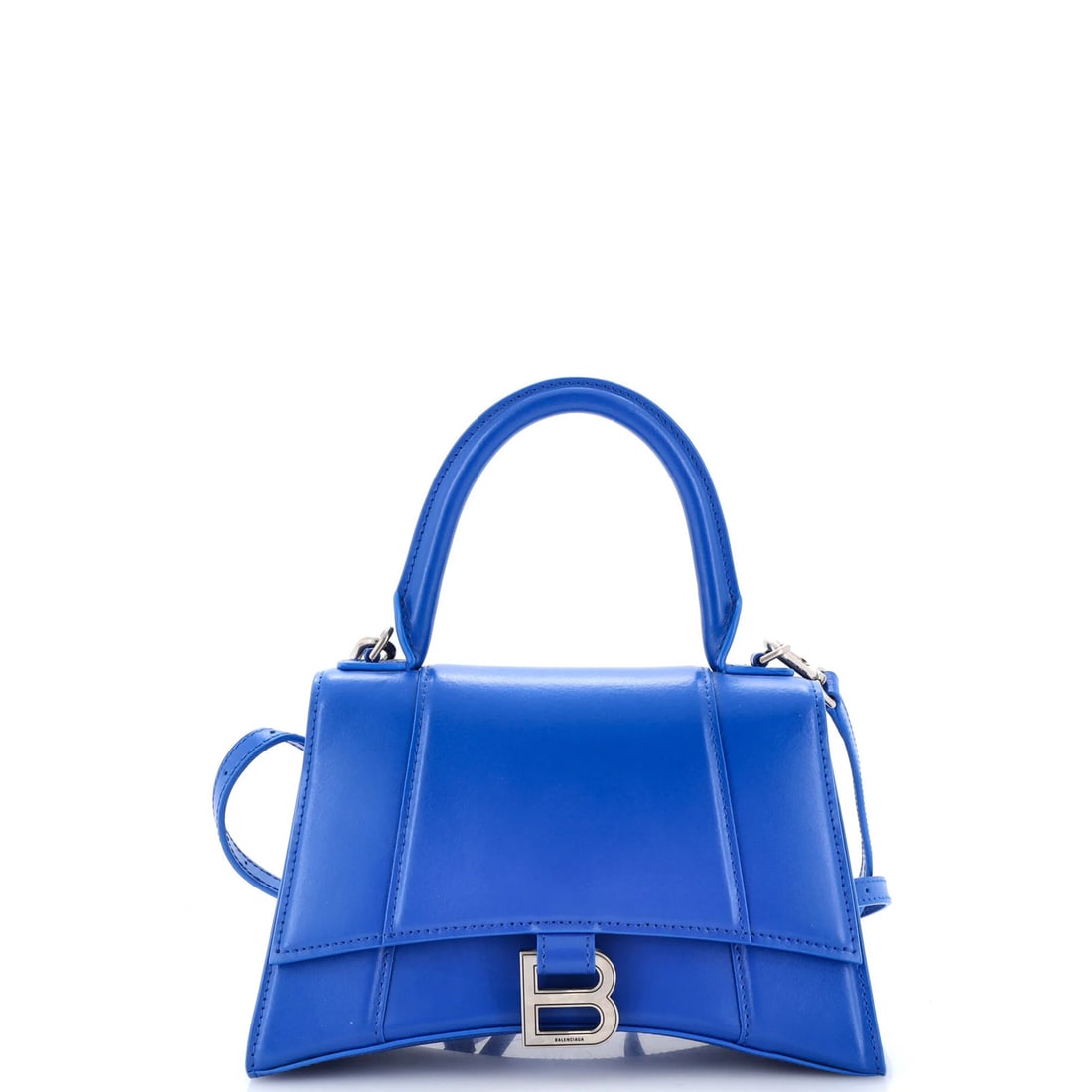 Balenciaga Hourglass Top Handle Bag Leather Small: Balenciaga Hourglass Top Handle Bag Leather Small The Balenciaga Hourglass Top Handle Bag Leather Small boasts a striking blue exterior with top handle and leather interior, complete with silver