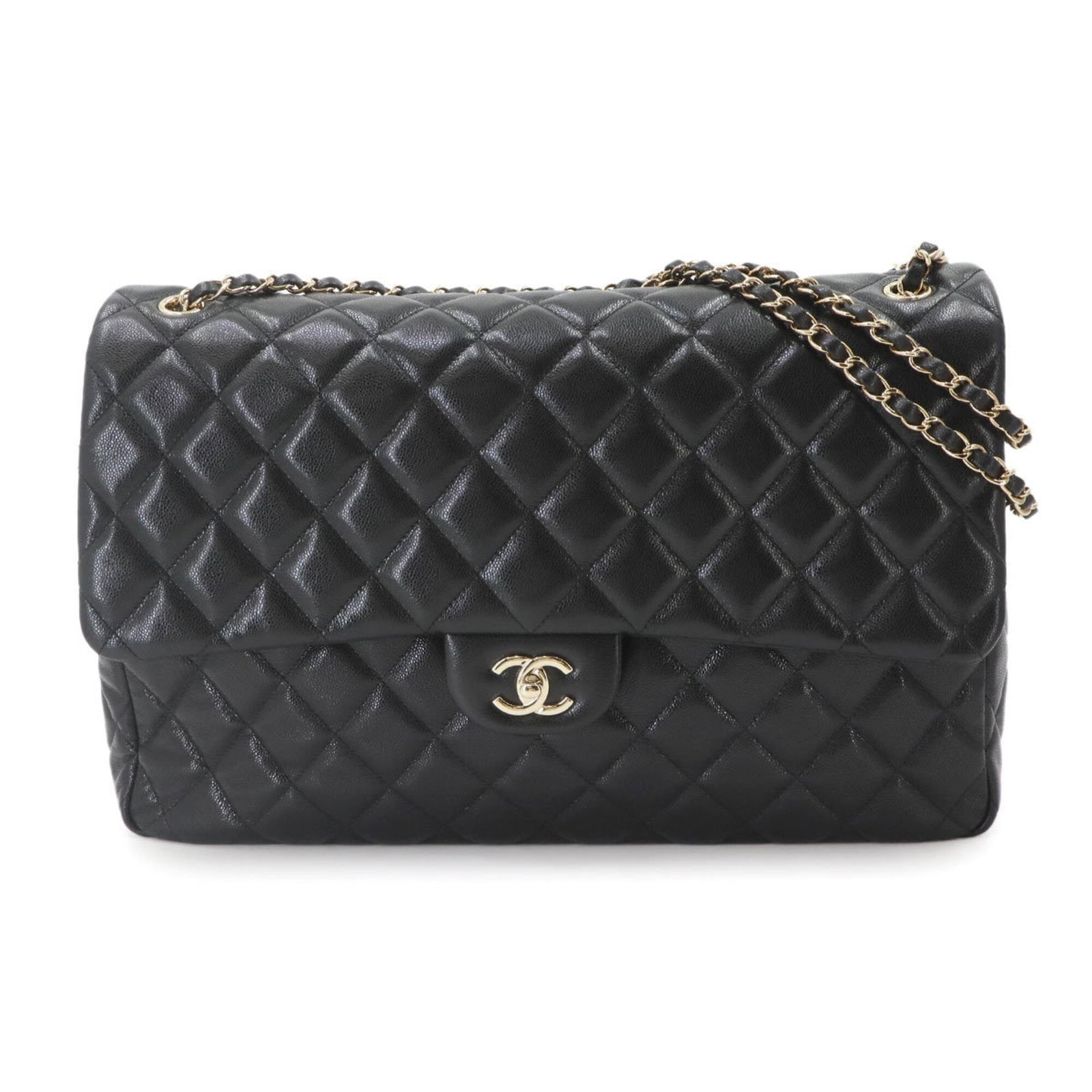 Calfskin handbag bag shoulder Chanel: Calfskin handbag bag shoulder Chanel Calfskin handbag bag shoulder from Chanel features a classic design with a black grained material, gold hardware, and two open pockets for added functionality.