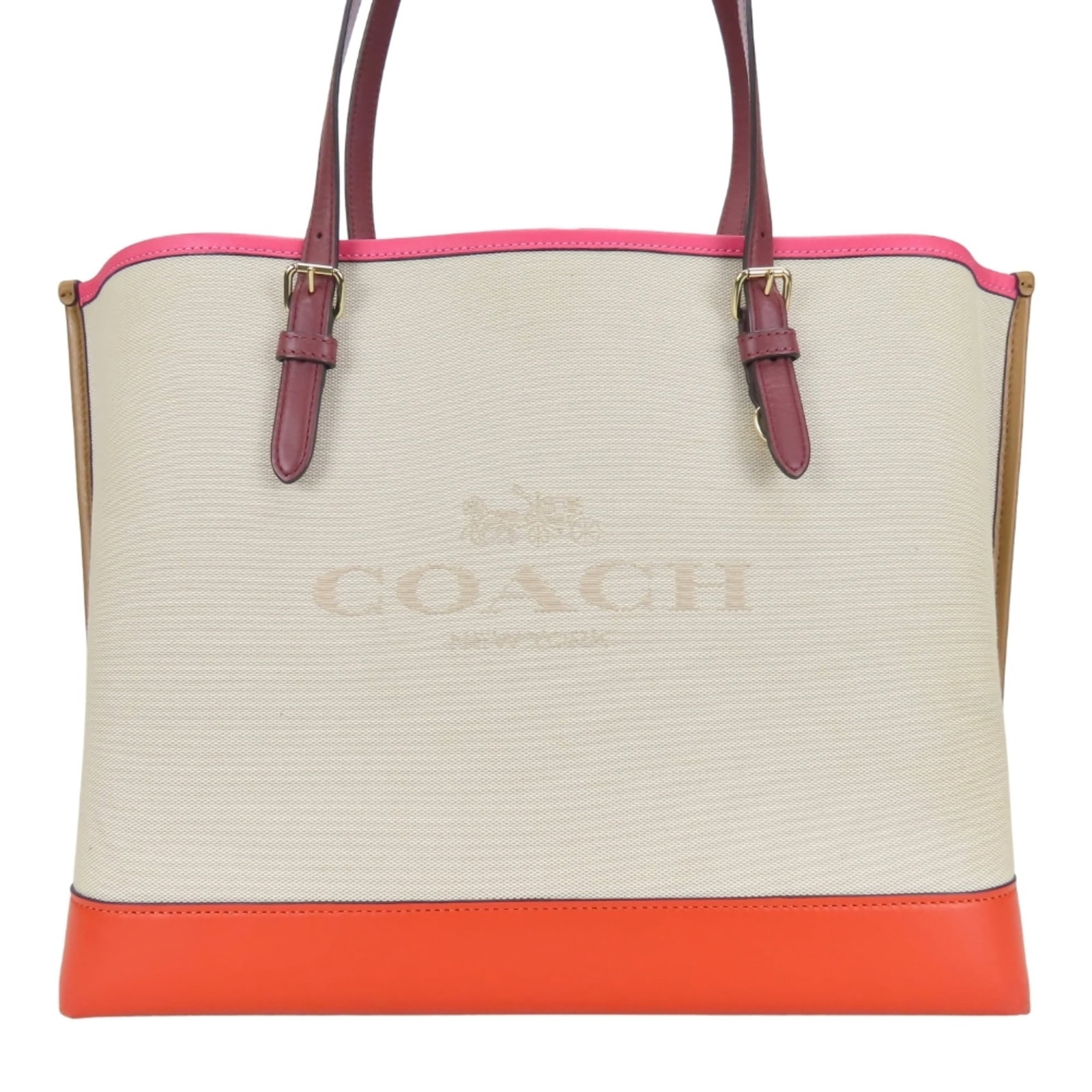 Canvas Leather Coach Tote Bag: Canvas Leather Coach Tote Bag Canvas Leather Coach Tote Bag in Beige with Multi-color Accents. This stylish tote features a canvas and leather construction, offering a unique blend of textures and