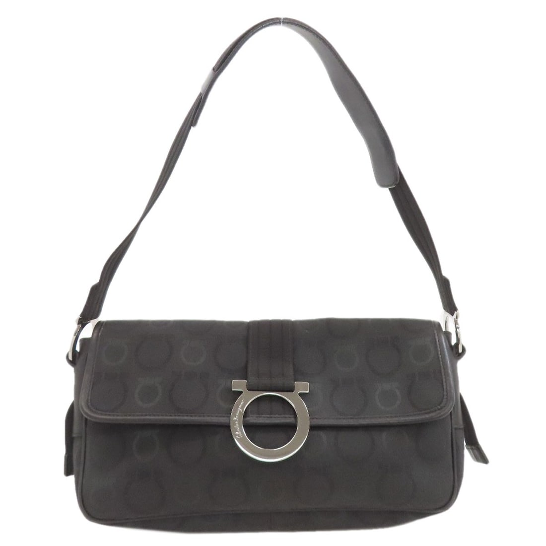 Salvatore Ferragamo One Belt Gancinihardware Shoulder Bag Canvas: Salvatore Ferragamo One Belt Gancinihardware Shoulder Bag Canvas Canvas shoulder bag with black exterior, featuring Gancini hardware. This Salvatore Ferragamo design showcases the brand's signature
