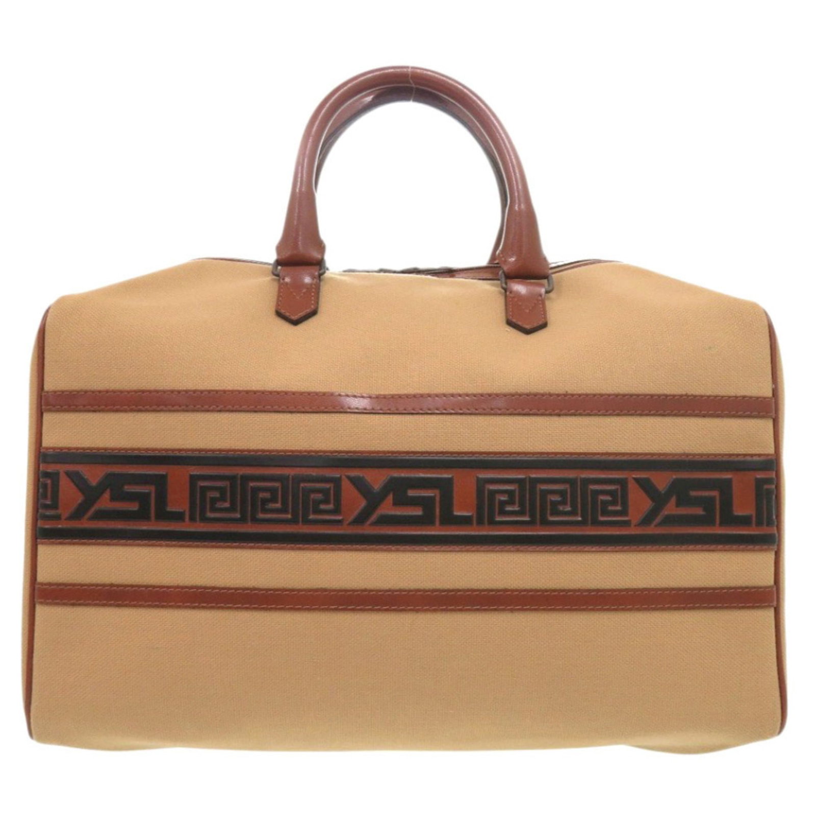 Saint Laurent Yves Boston Leather Bag Canvas: Saint Laurent Yves Boston Leather Bag Canvas Canvas and leather come together in the classic Yves Saint Laurent Boston bag, crafted from high-quality materials with a timeless brown color. Measuring 2