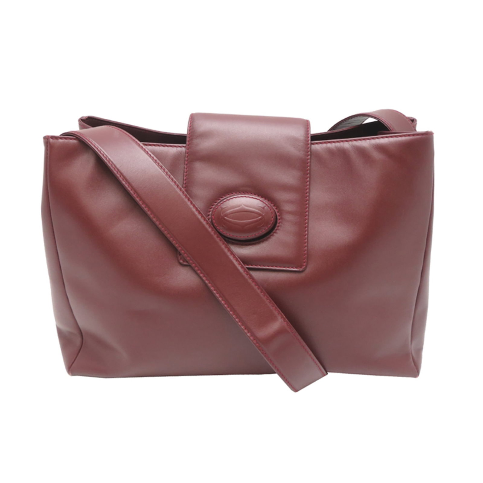 Shoulder Bag Leather by Cartier: Shoulder Bag Leather by Cartier This luxurious Bordeaux red leather shoulder bag from Cartier features classic design and premium craftsmanship. Measuring 22cm x 31cm x 13cm, it offers a stylish and