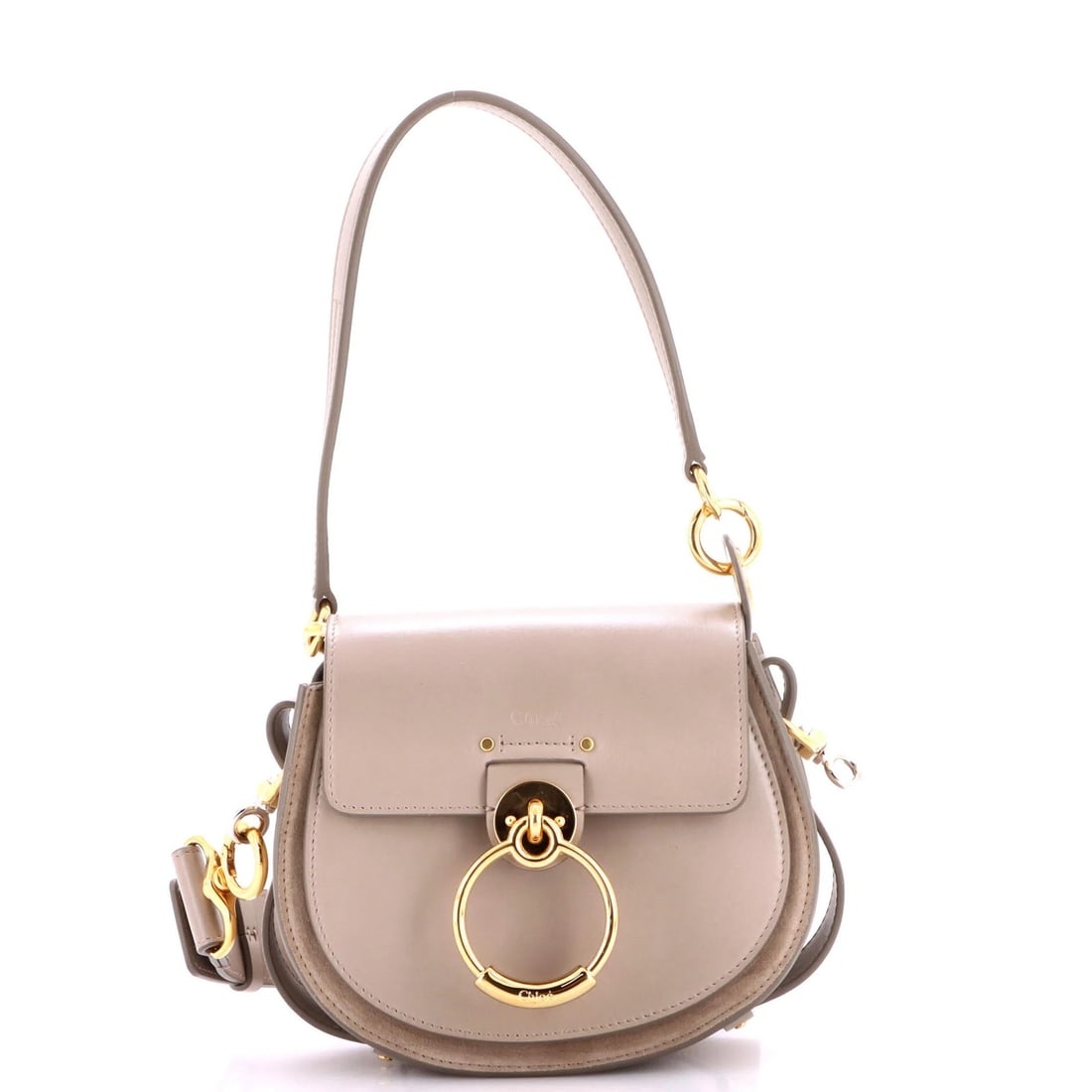 Small leather bag by Chloe Tess: Small leather bag by Chloe Tess Small leather bag by Chloe Tess, featuring a classic gray exterior with gold and silver hardware. This versatile shoulder bag boasts an extra strap for added