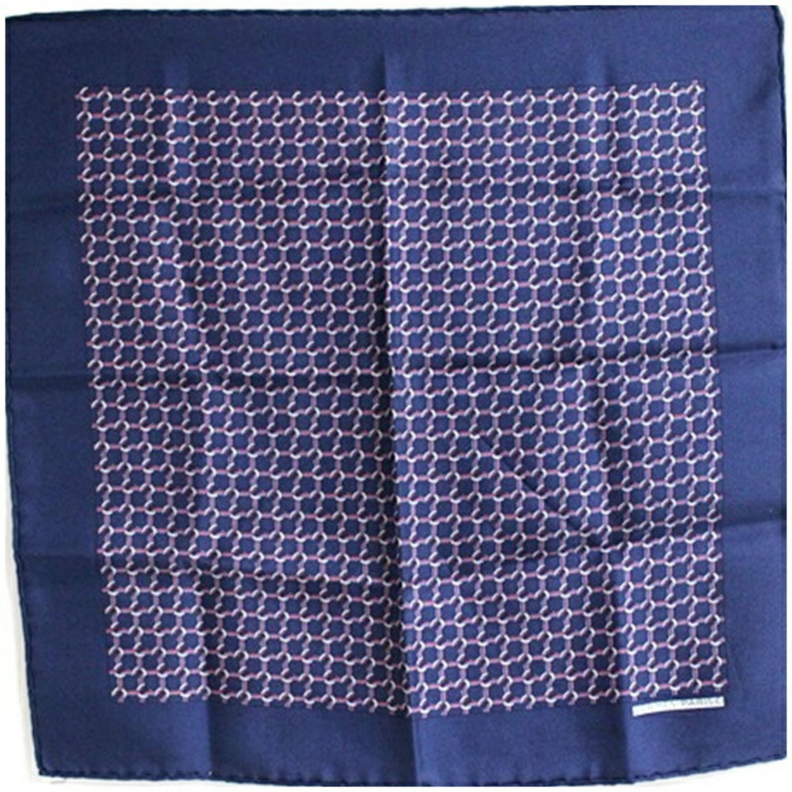 Hermes Scarf: Hermes Scarf Navy blue silk scarf with a classic design, measuring 42cm x 41cm. This iconic Herm?s accessory features timeless elegance and sophistication, perfect for adding a touch of luxury to any