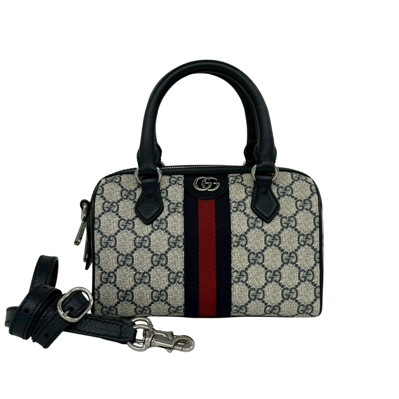 PVC leather shoulder bag from Gucci: PVC leather shoulder bag from Gucci PVC leather shoulder bag from Gucci, featuring a striking navy and red color combination. This stylish handbag measures 12.5cm x 21cm x 11cm and boasts a sleek