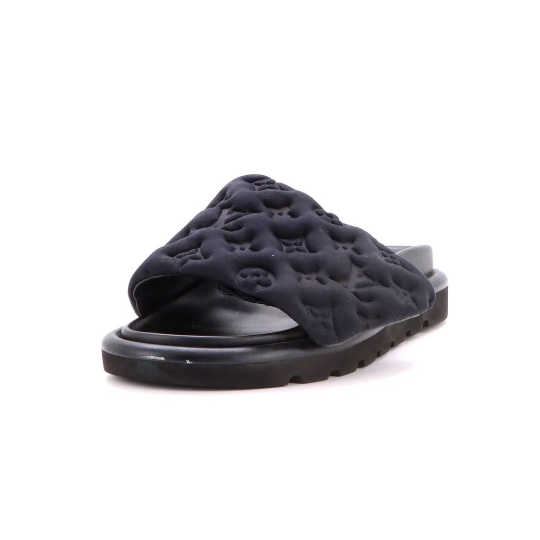 Women's Pool Mule Sandals with Louis Vuitton Monogram Puffer Fabric: Women's Pool Mule Sandals with Louis Vuitton Monogram Puffer Fabric Women's Pool Mule Sandals with Louis Vuitton Monogram Puffer Fabric - Black, US(W) 6 | IT 36. Features a classic mule design with