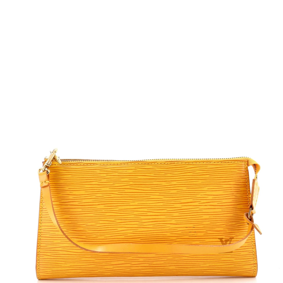 Louis Vuitton Pochette Accessoires Epi Leather: Louis Vuitton Pochette Accessoires Epi Leather Yellow Louis Vuitton Pochette Accessoires Epi Leather Clutch. This iconic clutch features scuffs, corner wear, and discoloration on the exterior, with
