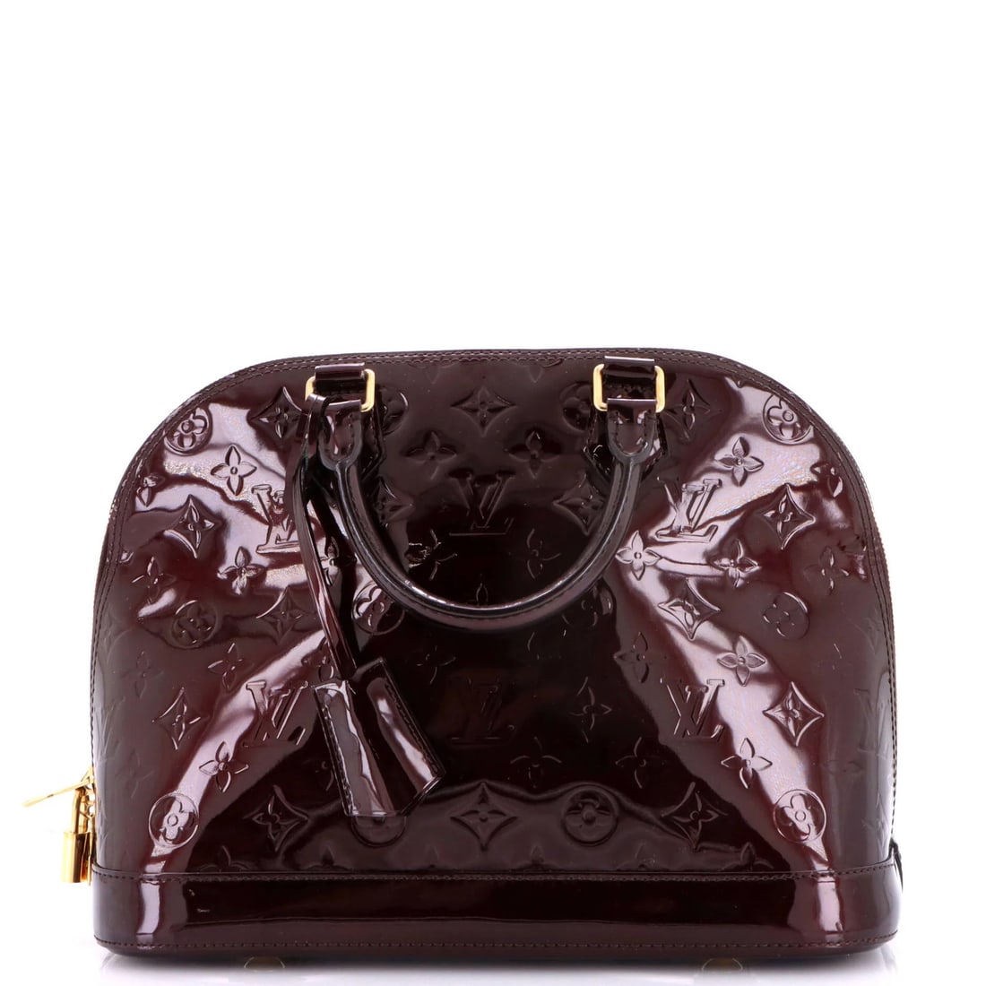 Vernis Monogram Alma Handbag Louis Vuitton: Vernis Monogram Alma Handbag Louis Vuitton Burgundy Vernis Monogram Alma Handbag in Patent Leather, featuring a classic top handle design with gold hardware and interior lining. Measuring 9" tall and