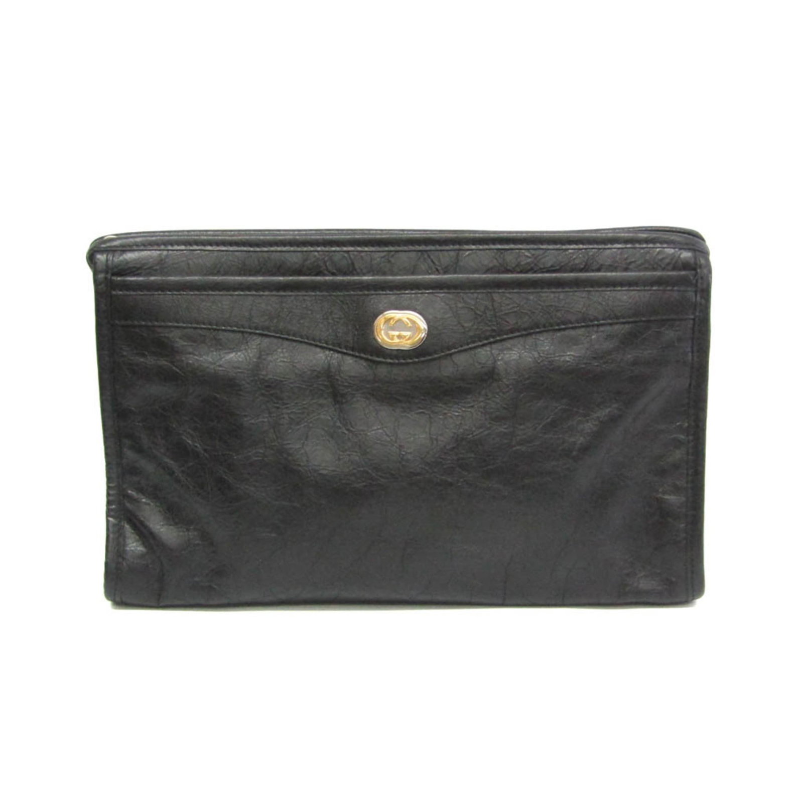 Bag Leather Gucci Clutch: Bag Leather Gucci Clutch Black leather Gucci clutch with an interlocking design, measuring 19cm x 28cm x 8cm, weighing 930g. This Italian-made bag features high-quality leather construction and a