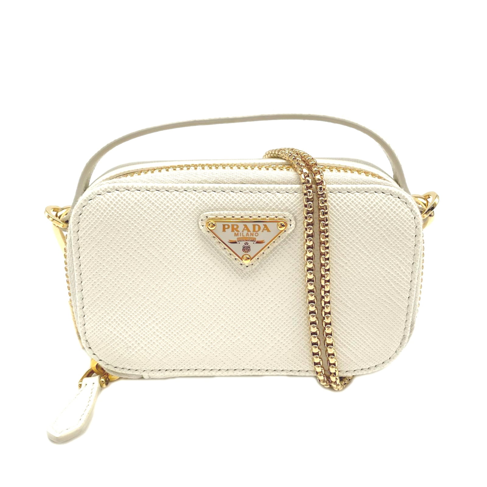 Shoulder Bag Saffiano Prada Pouch: Shoulder Bag Saffiano Prada Pouch Saffiano Prada Pouch in White features a sleek design with a zipper closure and adjustable strap length. Made from high-quality Saffiano material, this shoulder bag m