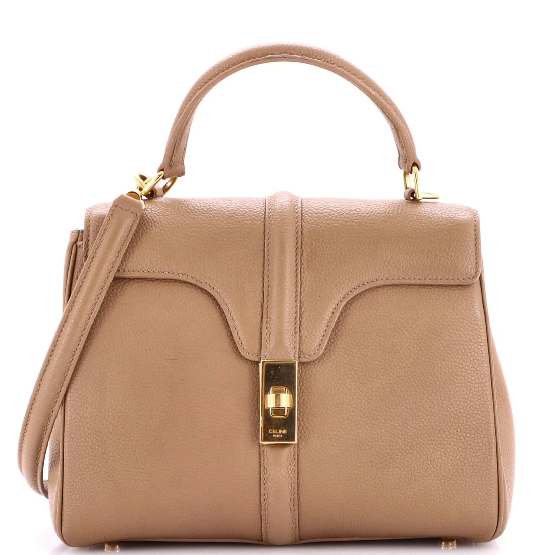 Celine 16 Top Handle Bag Grained Calfskin Small: Celine 16 Top Handle Bag Grained Calfskin Small Small Celine 16 Top Handle Bag in Grained Calfskin Brown Leather. This satchel features a classic top handle design, minor creases on the exterior and i