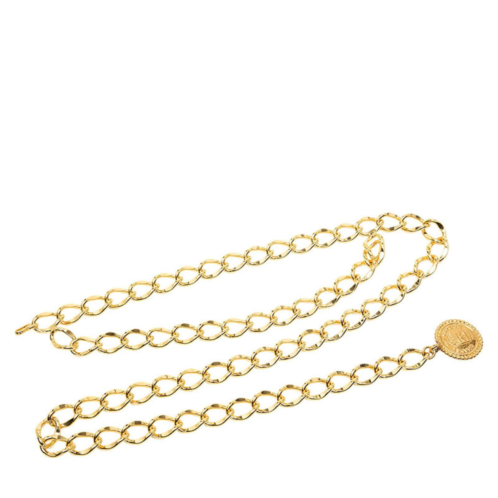 Chain Belt by Chanel: Chain Belt by Chanel Chain belt by Chanel, featuring a gold finish and measuring 90cm in length. This chain belt showcases the iconic design of the luxury brand, with its sleek and modern aesthetic.