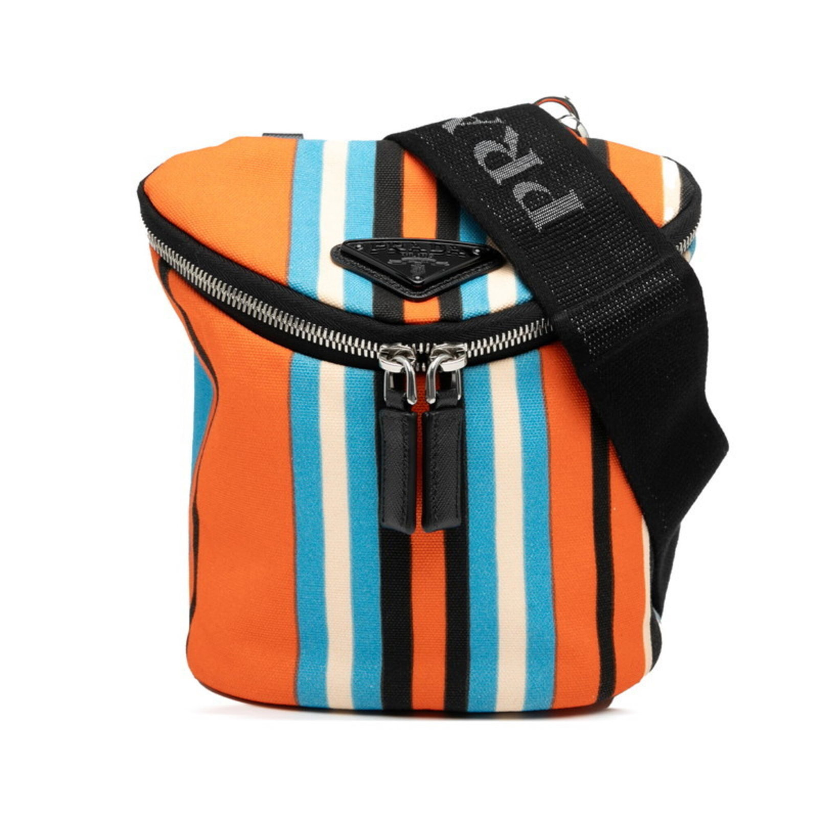 Shoulder bag pouch Prada canvas: Shoulder bag pouch Prada canvas Prada canvas shoulder bag pouch with vibrant multi-color and orange hues, measuring 19cm x 17cm x 14cm. This stylish pouch boasts a classic design, perfect for adding