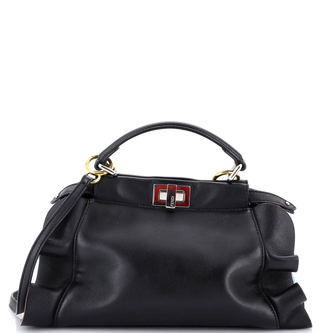 Wave Peekaboo Fendi Mini Leather Bag: Wave Peekaboo Fendi Mini Leather Bag The Wave Peekaboo Fendi Mini Leather Bag features sleek black leather exterior with gold and silver hardware, showcasing a stylish top handle design. With its