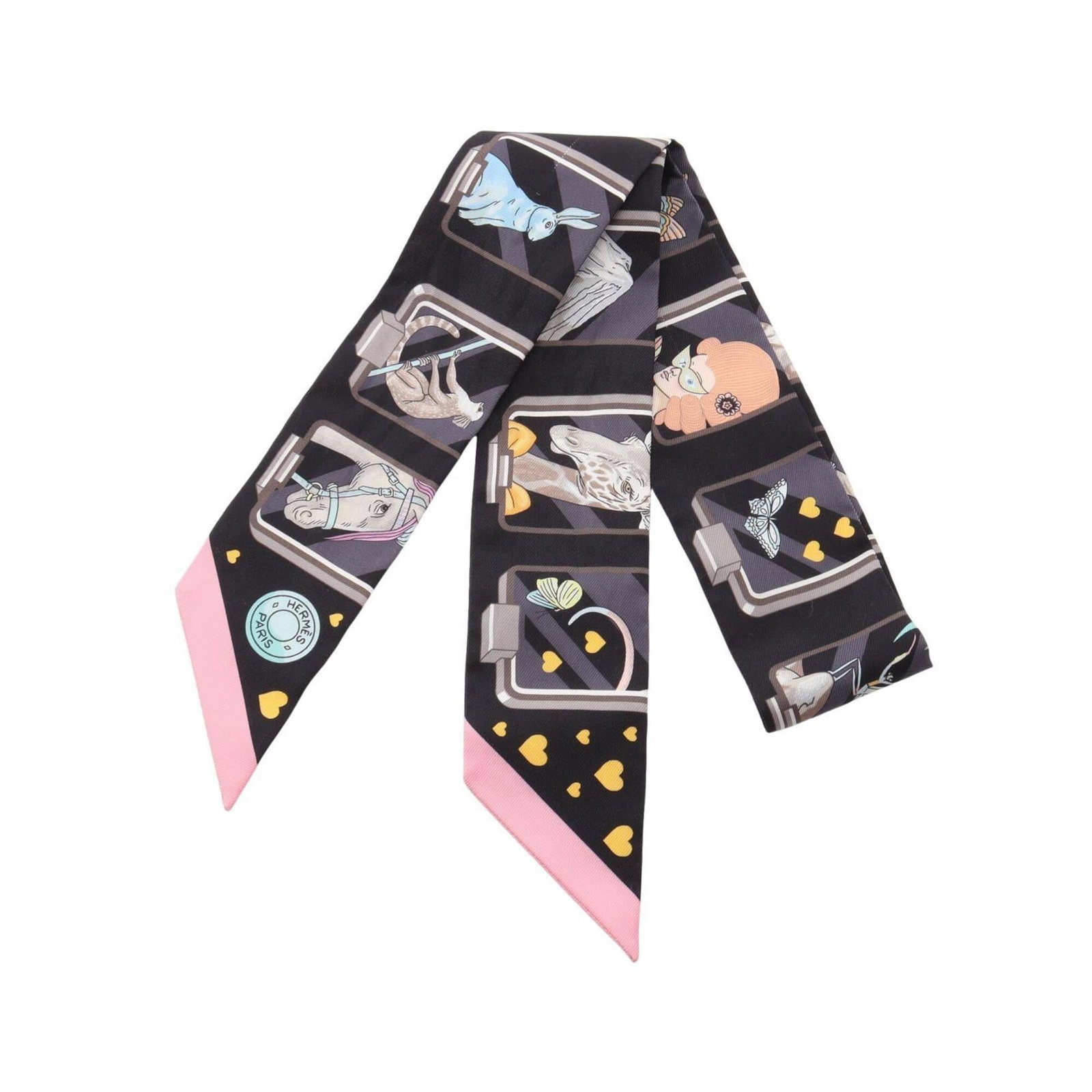Hermes Silk Scarf: Hermes Silk Scarf Silk from the renowned French fashion house, Hermes, adorns this elegant black scarf with multi-color accents. Measuring 85cm x 5cm, its compact size belies its luxurious silk