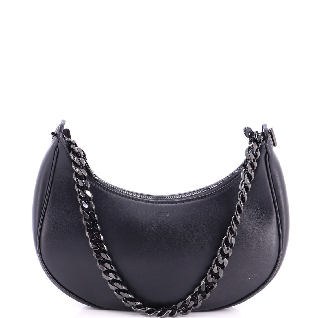 Chain bag leather medium Celine: Chain bag leather medium Celine Black leather medium Celine chain bag with suede interior, featuring minor creases and scuffs. The exterior has a classic hobos style, while the interior boasts a luxur