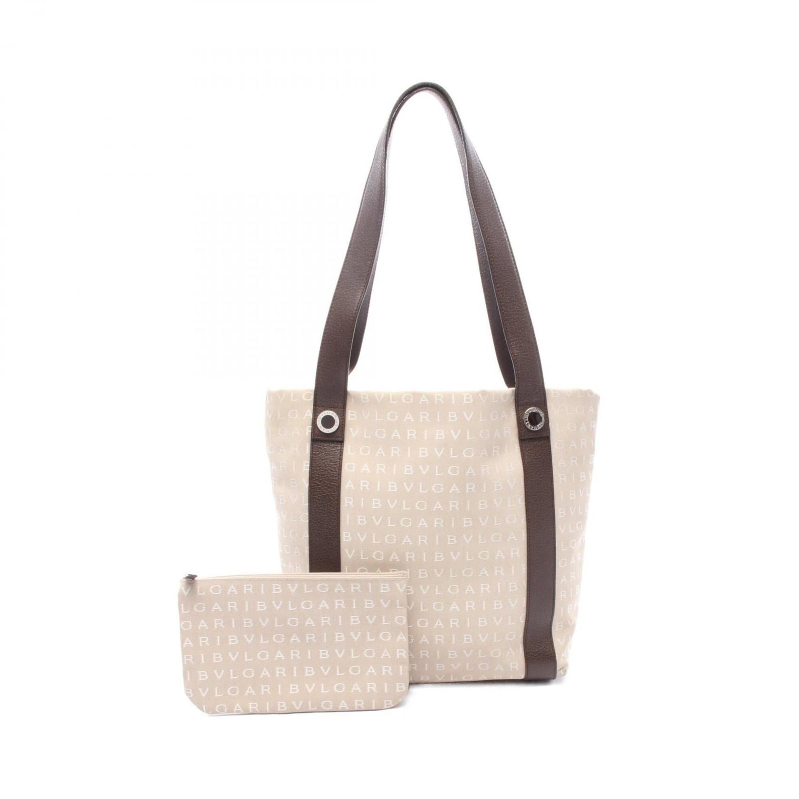 Handbag Pouch Canvas Leather Tote Bag Bvlgari: Handbag Pouch Canvas Leather Tote Bag Bvlgari Canvas and leather combine in a classic design, with a beige and brown color palette. The Bvlgari brand adds an air of sophistication to this tote bag,