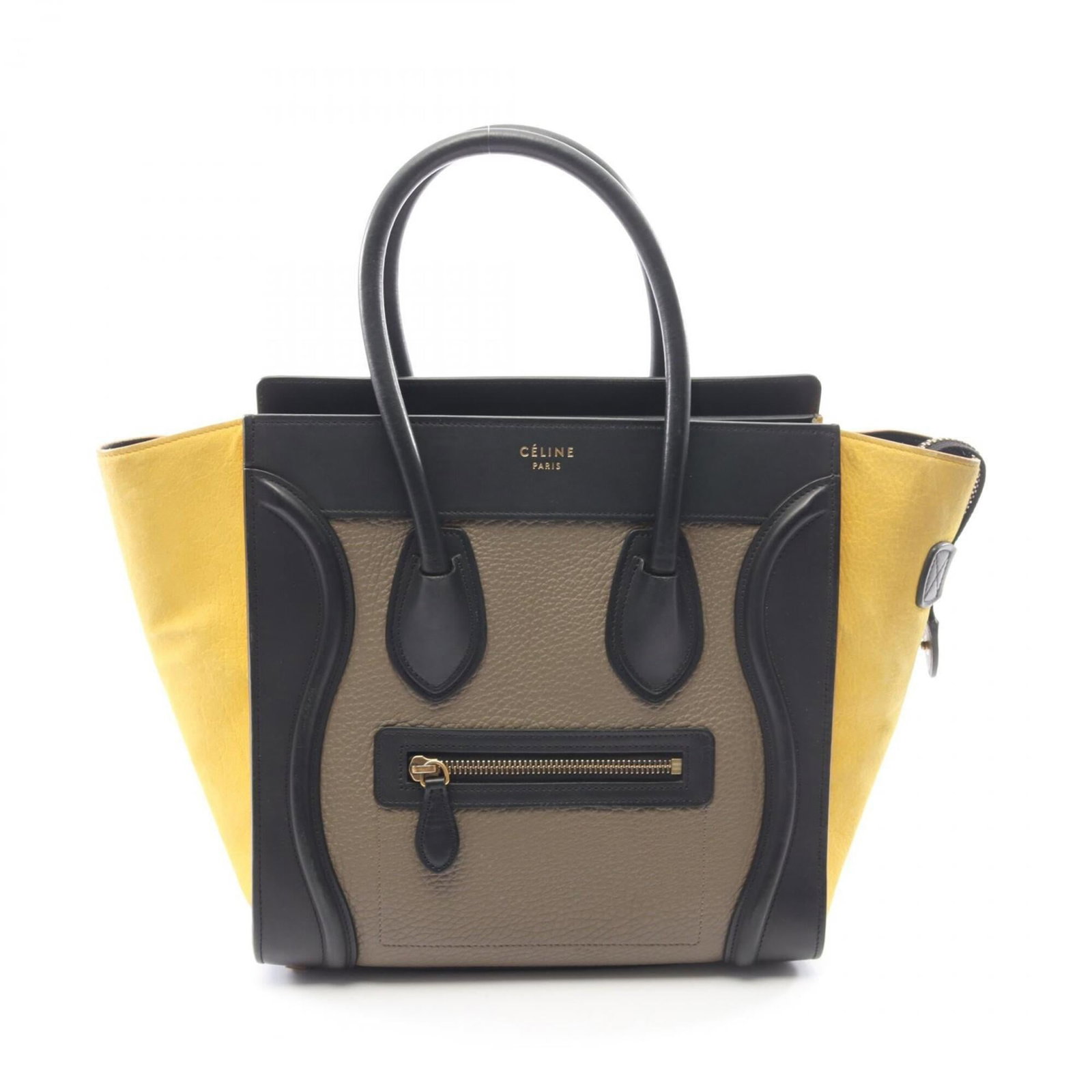 Leather Suede Celine Tote Handbag: Leather Suede Celine Tote Handbag Black, Gray, and Yellow Leather Suede Celine Tote Handbag with precise measurements and classic design. Made from high-quality leather and suede materials, this timel