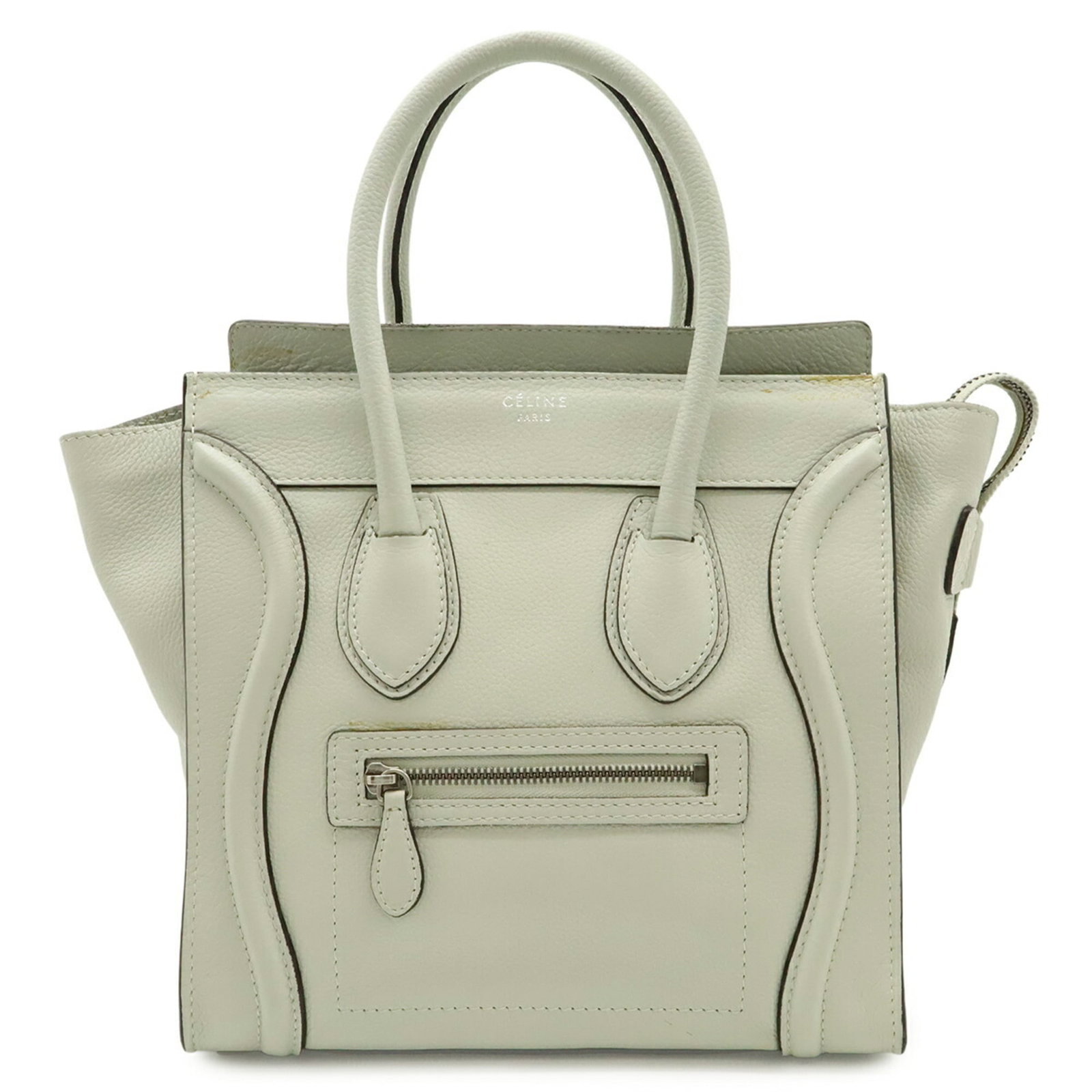 Leather Tote Celine Handbag: Leather Tote Celine Handbag Light gray leather Celine tote bag with clean lines and classic design, measuring 26cm x 40cm x 13.5cm. The bag's neutral color makes it versatile for everyday use. Its siz