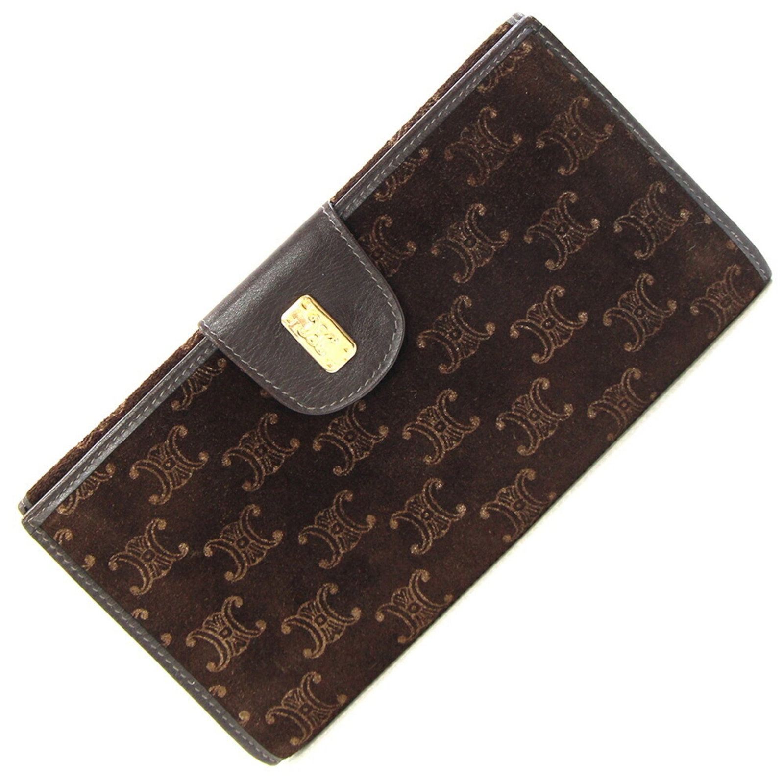 Suede Leather Celine Long Bi Fold Wallet: Suede Leather Celine Long Bi Fold Wallet Suede leather Celine long bi-fold wallet in dark brown, measuring 10cm x 19.5cm x 1cm. Made from suede and leather, this Italian-made wallet features a