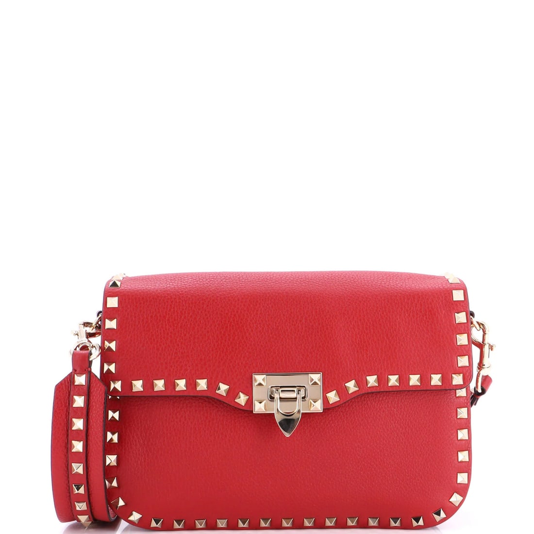 Garavani Valentino Medium Leather Rockstud Flip Lock Bag Flap: Garavani Valentino Medium Leather Rockstud Flip Lock Bag Flap The Valentino Garavani Medium Leather Rockstud Flip Lock Bag Flap is a striking cross body bag with a bold red exterior and gold tone