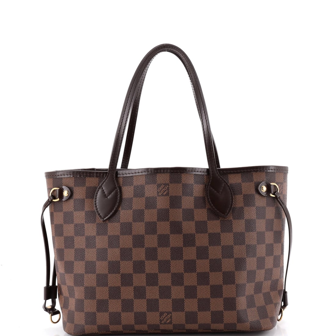 Louis Vuitton PM Damier Tote Neverfull: Louis Vuitton PM Damier Tote Neverfull Brown canvas coated Louis Vuitton PM Damier Tote Neverfull with heavy edge wear, corner wear, scuffs, and discoloration. Measuring 9" high, 11" wide, and 5"