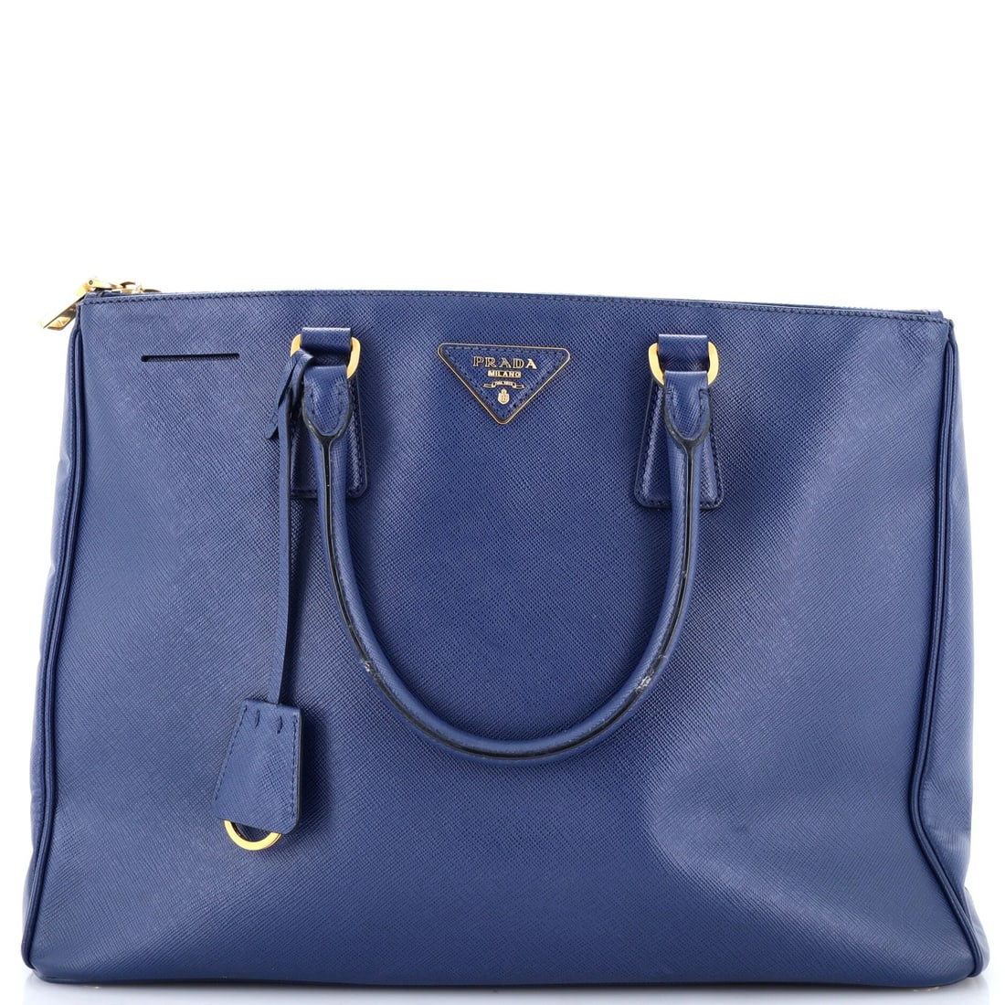 Lux Tote Saffiano Leather Large Double Prada: Lux Tote Saffiano Leather Large Double Prada Blue Saffiano Leather Double Zip Lux Tote from Prada, featuring a large size and gold hardware. The exterior has been touched-up to maintain its