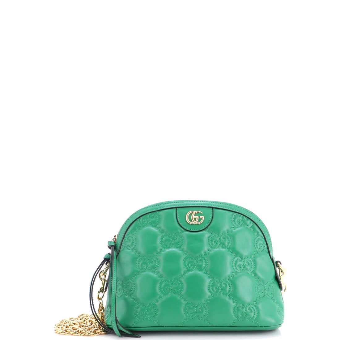 Chain zip shoulder bag in small leather Matelasse GG Gucci dome: Chain zip shoulder bag in small leather Matelasse GG Gucci dome Small leather Matelasse GG Gucci dome chain zip shoulder bag in green, featuring a chain strap with an 18.5" drop and scuffs on the