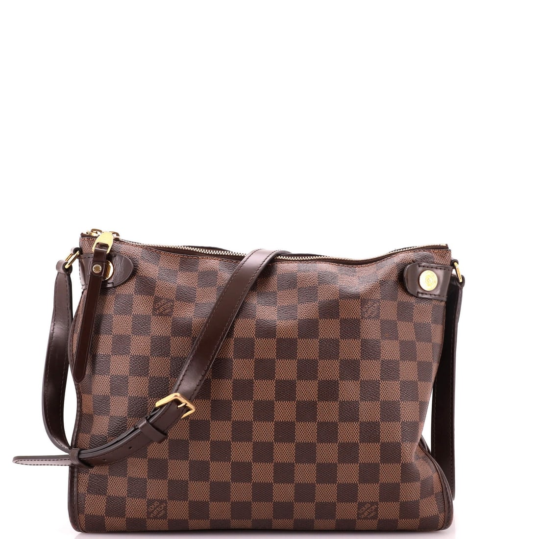 Messenger Bag Damier by Louis Vuitton: Messenger Bag Damier by Louis Vuitton Brown canvas coated leather messenger bag with gold hardware, featuring the iconic Damier pattern. Measuring approximately 19-21" in handle drop and 10" in