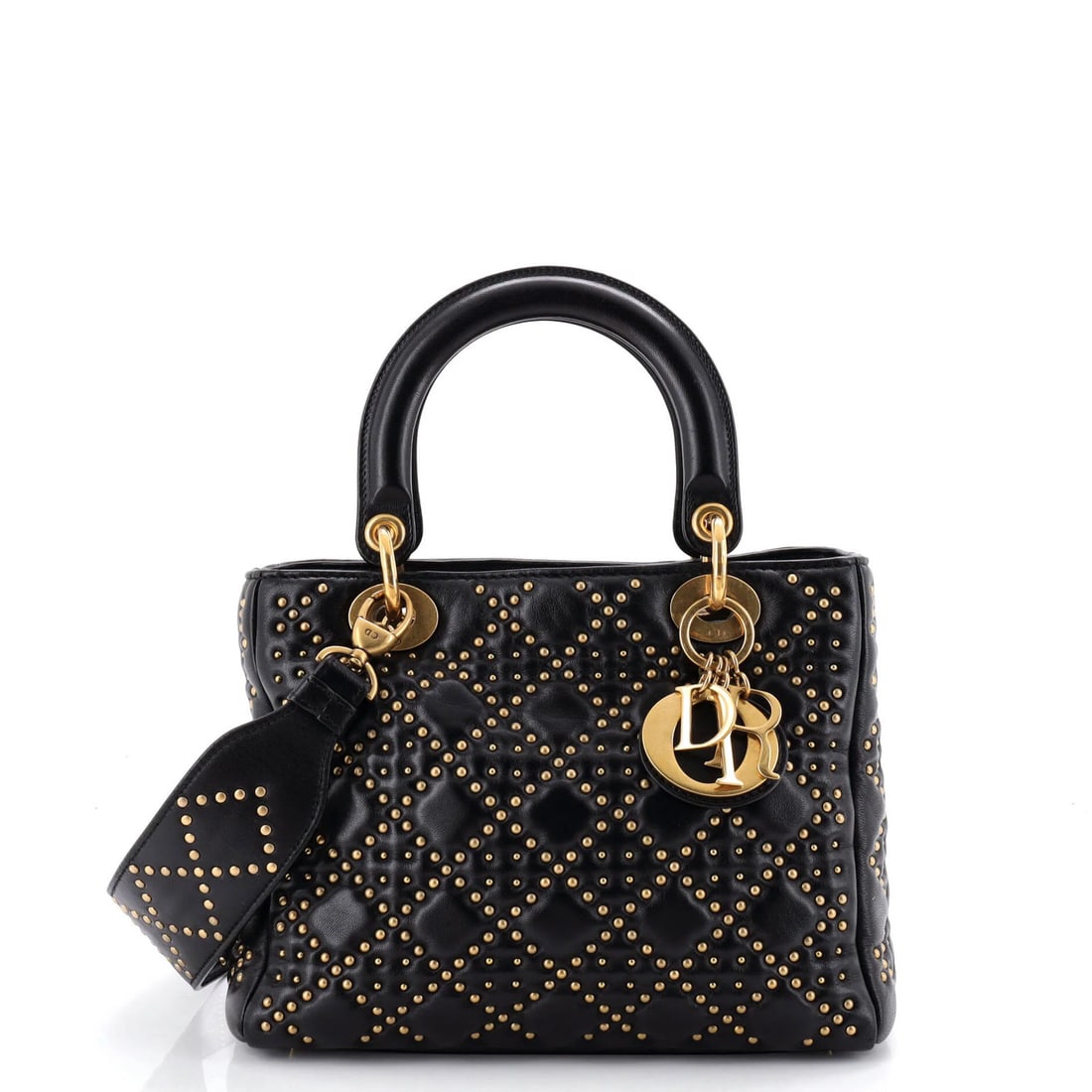Dior Lady Dior Bag Cannage Studded Lambskin Medium Christian: Dior Lady Dior Bag Cannage Studded Lambskin Medium Christian Black Lady Dior Bag Cannage Studded Lambskin Medium features a sleek design with scuffs and creases on the exterior, while its interior