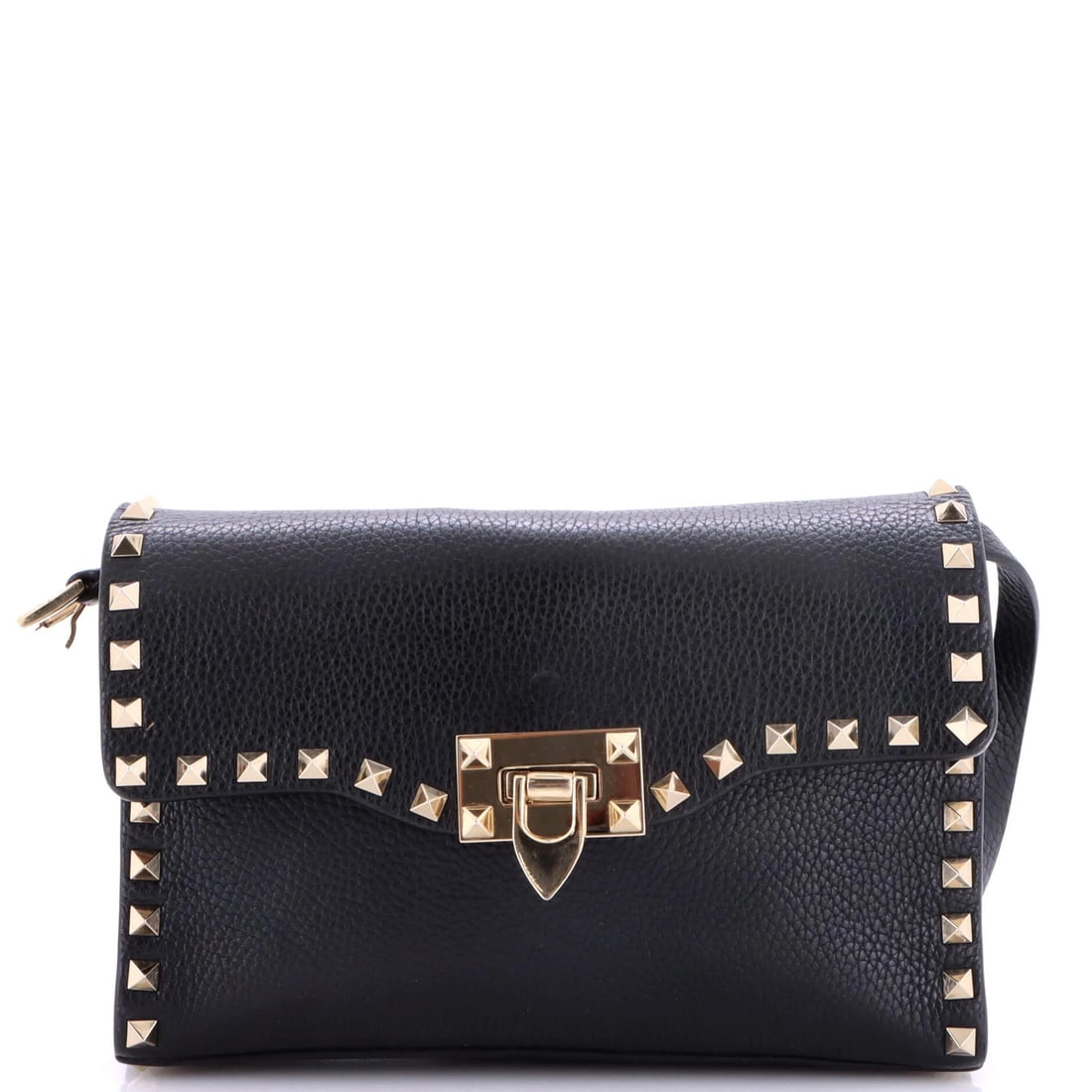 Valentino Garavani Rockstud Flip Lock Flap Bag Leather Medium: Valentino Garavani Rockstud Flip Lock Flap Bag Leather Medium Black leather medium Rockstud Flip Lock Flap Bag with gold tone hardware, featuring minor creases on exterior and interior. The bag