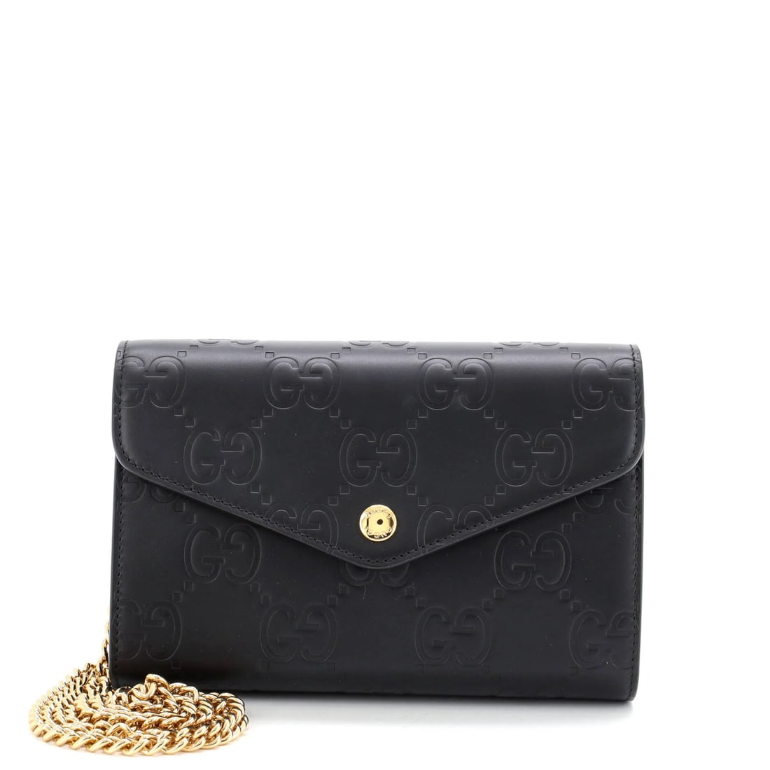 Gucci wallet leather chain envelope: Gucci wallet leather chain envelope The Gucci wallet leather chain envelope boasts sleek, black exterior with gold hardware and subtle scuffs. Its interior features a black fabric lining, while the ex