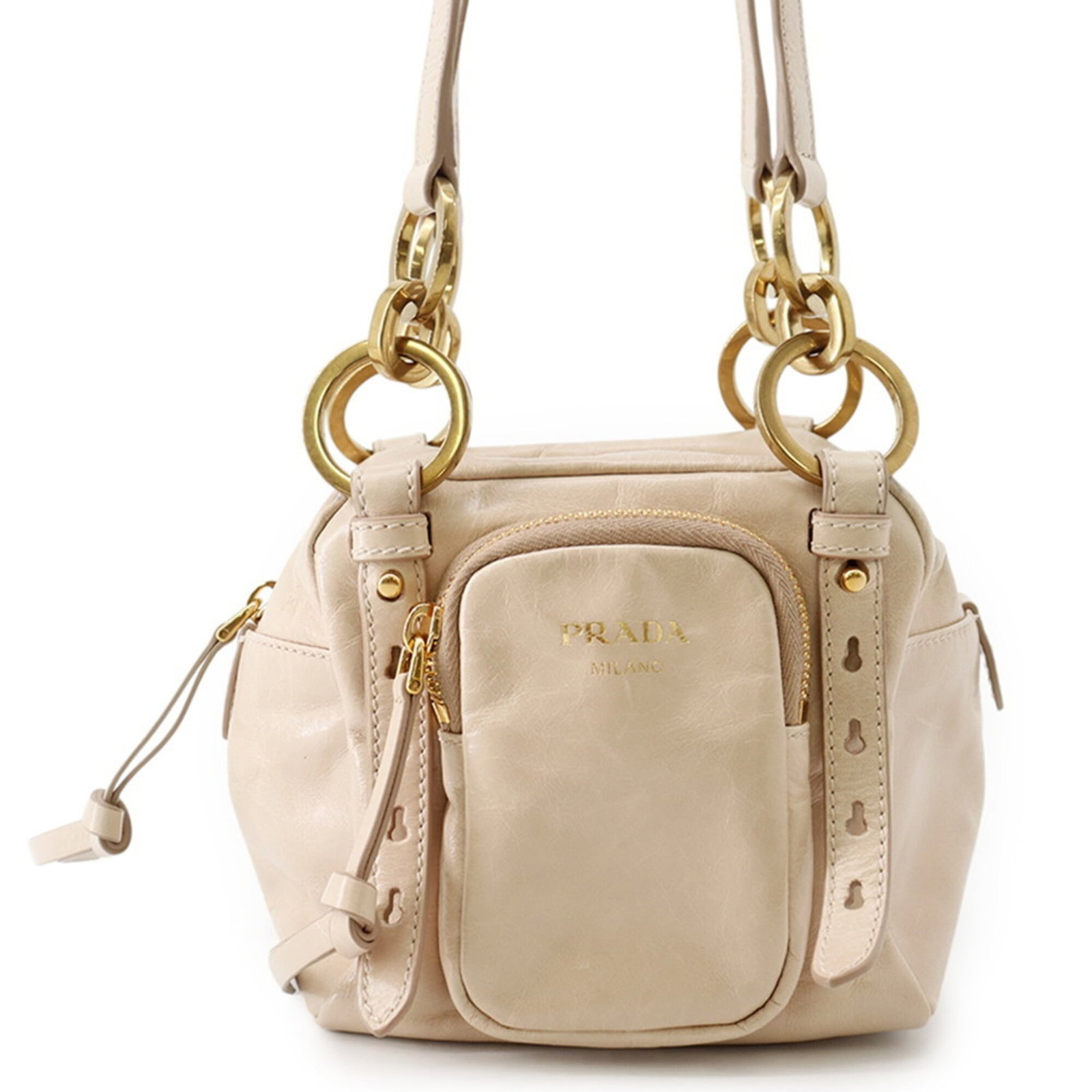 Shoulder Bag Prada Leather Handbag: Shoulder Bag Prada Leather Handbag Prada's iconic leather shoulder bag boasts a timeless beige color and elegant gold hardware, adding a touch of sophistication to any outfit. Made from high-quality l