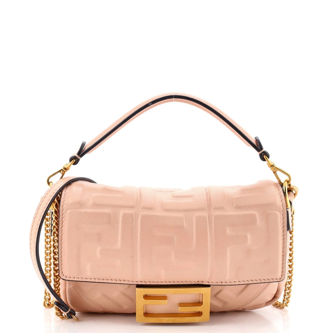 Fendi Baguette NM Bag Zucca Embossed Leather Mini: Fendi Baguette NM Bag Zucca Embossed Leather Mini Pink Fendi Baguette NM Bag Zucca Embossed Leather Mini with extra strap, featuring minor cracking and scuffs on exterior. This mini cross body bag boa