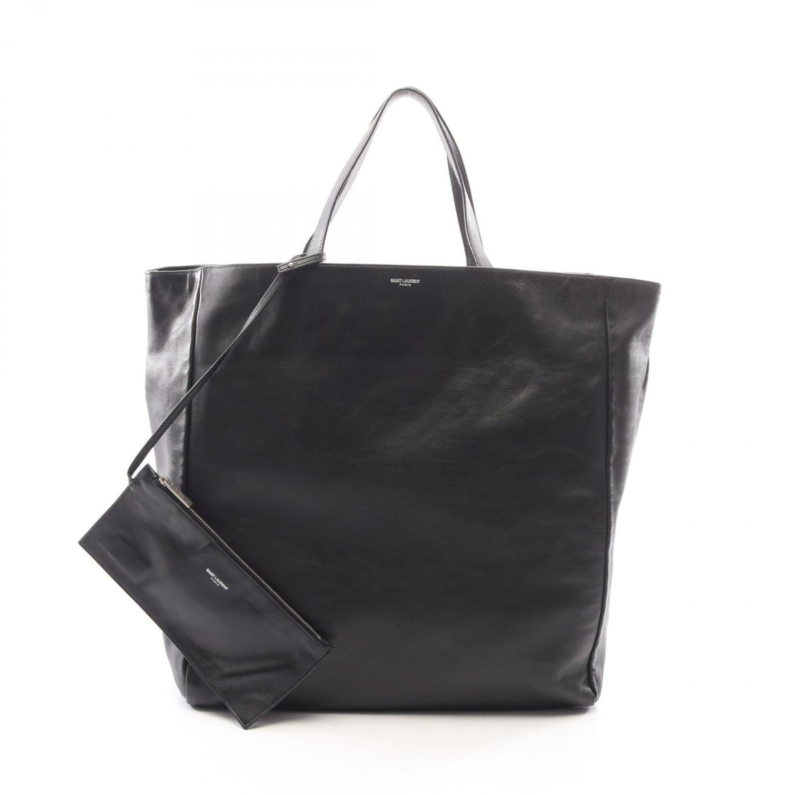 Leather tote bag pouch handbag by Saint Laurent: Leather tote bag pouch handbag by Saint Laurent 39cm x 15.35'' x 5.9'' black leather tote bag pouch by Saint Laurent, featuring high-quality leather construction and a sleek design. This classic