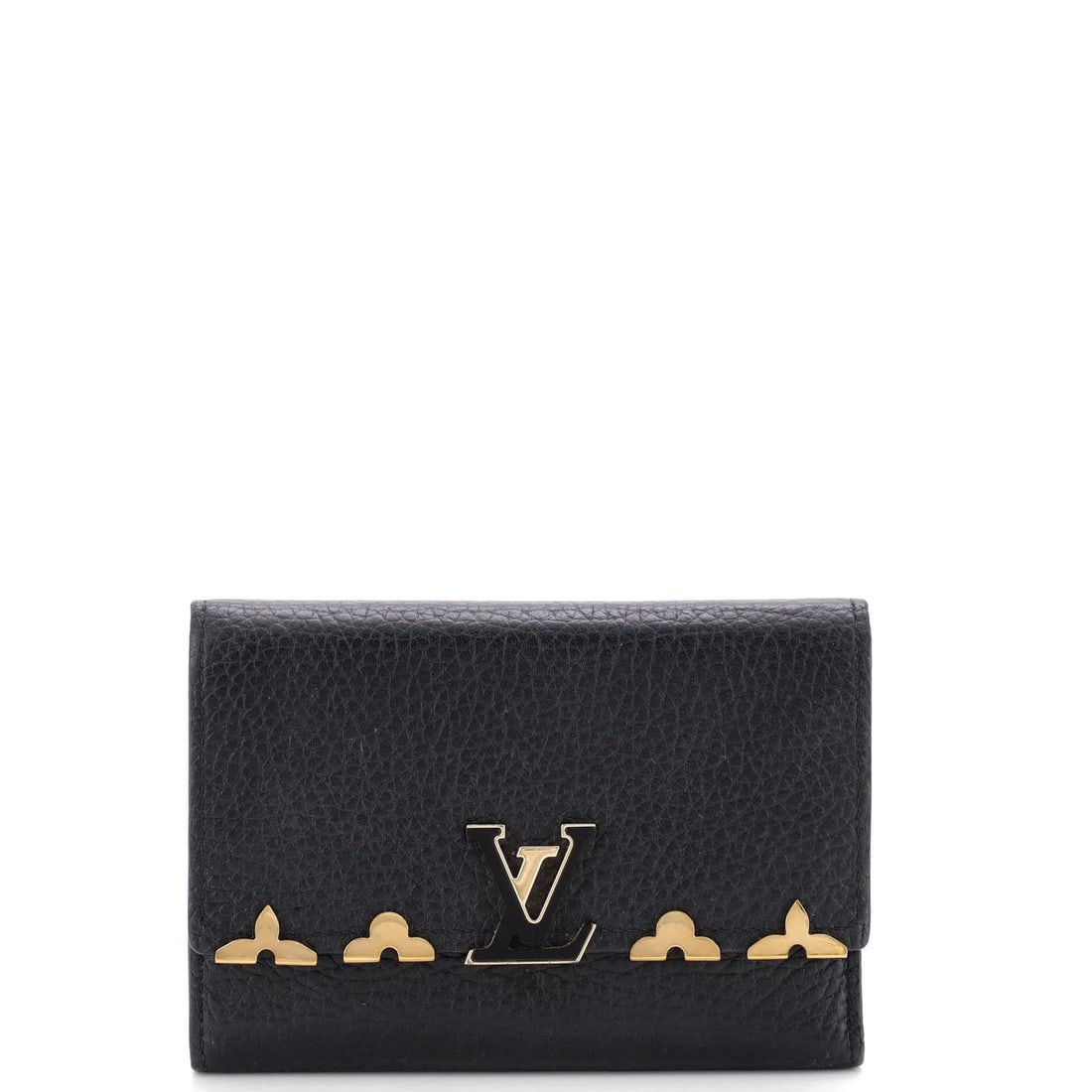 Capucines Wallet Leather with Louis Vuitton Embellished Detail: Capucines Wallet Leather with Louis Vuitton Embellished Detail Compact and stylish, the Capucines Wallet Leather with Louis Vuitton Embellished Detail boasts a sleek black exterior and gold hardware.