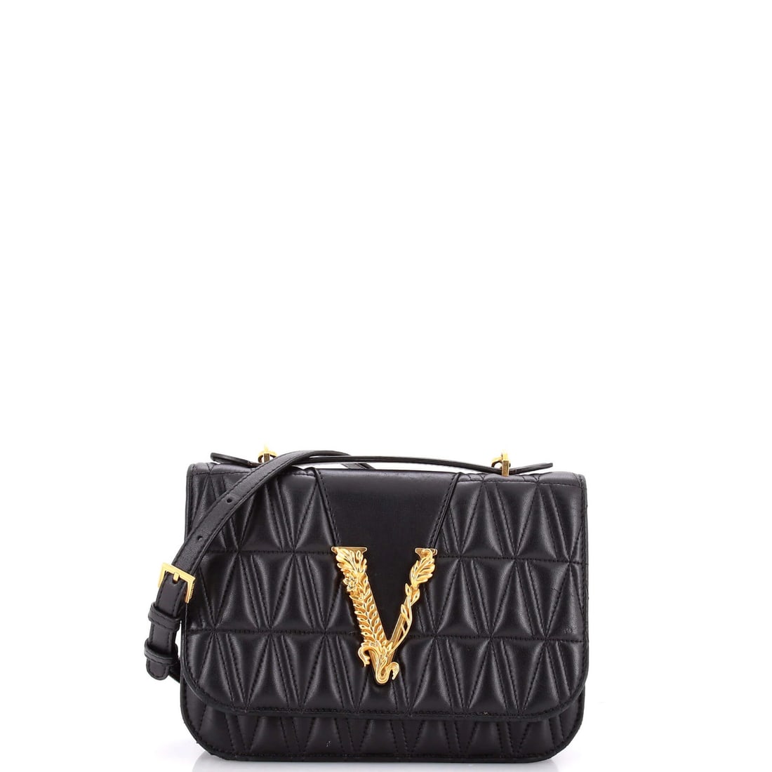 Small quilted leather flap bag from Virtus by Versace: Small quilted leather flap bag from Virtus by Versace Small quilted leather flap bag from Virtus by Versace, featuring a classic black exterior with aged gold hardware and interior. This stylish shoul
