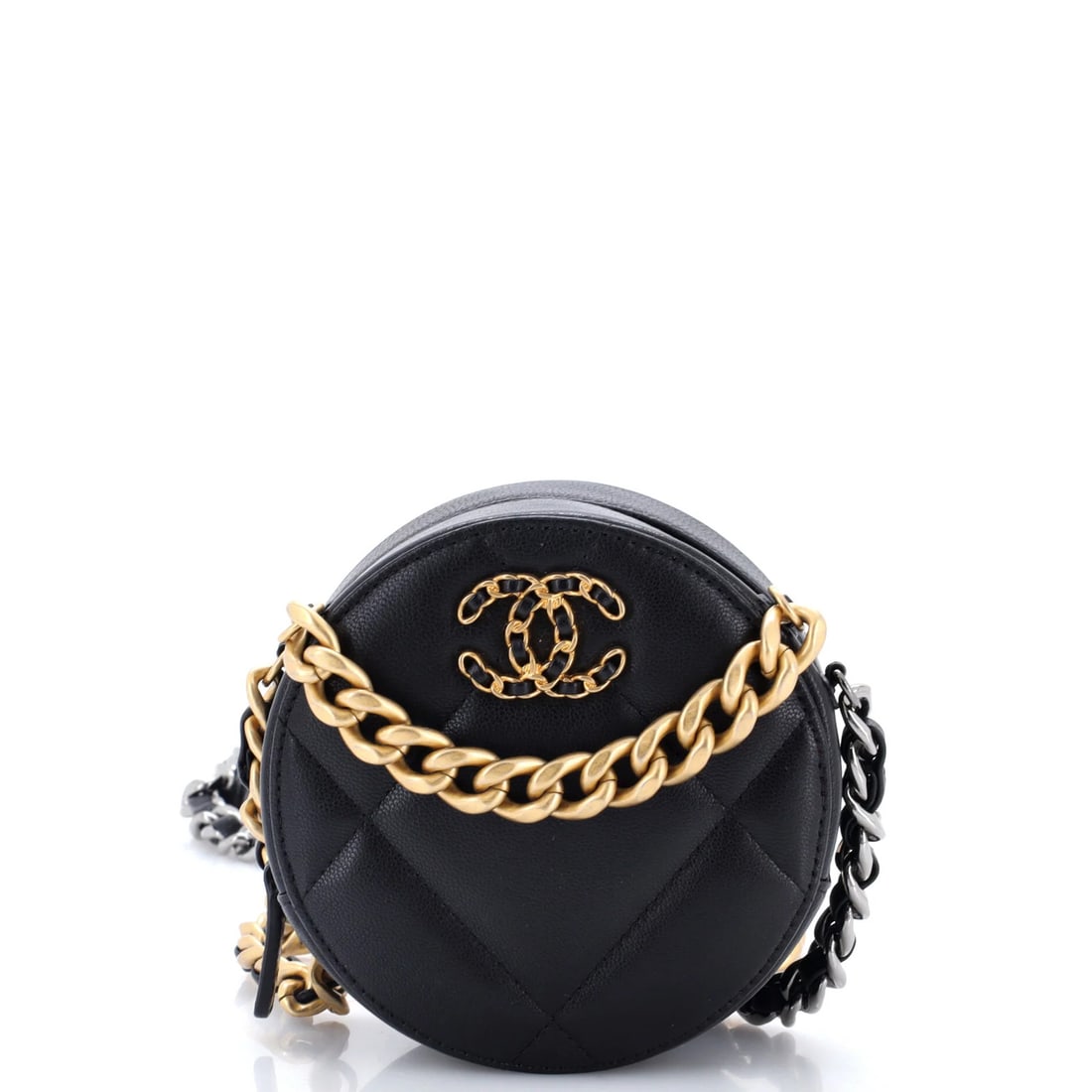 Round Quilted Chain Leather Clutch Chanel 19: Round Quilted Chain Leather Clutch Chanel 19 The Round Quilted Chain Leather Clutch Chanel 19 boasts a sleek, all-black design with intricate quilted details and a chain-link strap that adds an edgy t