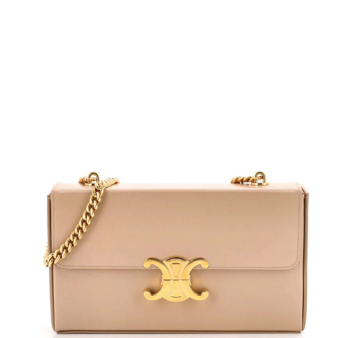 Chain Bag Leather Shoulder Box Triomphe Celine: Chain Bag Leather Shoulder Box Triomphe Celine Chain Bag Leather Shoulder Box Triomphe Celine features a neutral exterior with leather construction, gold hardware, and interior lining. The bag's