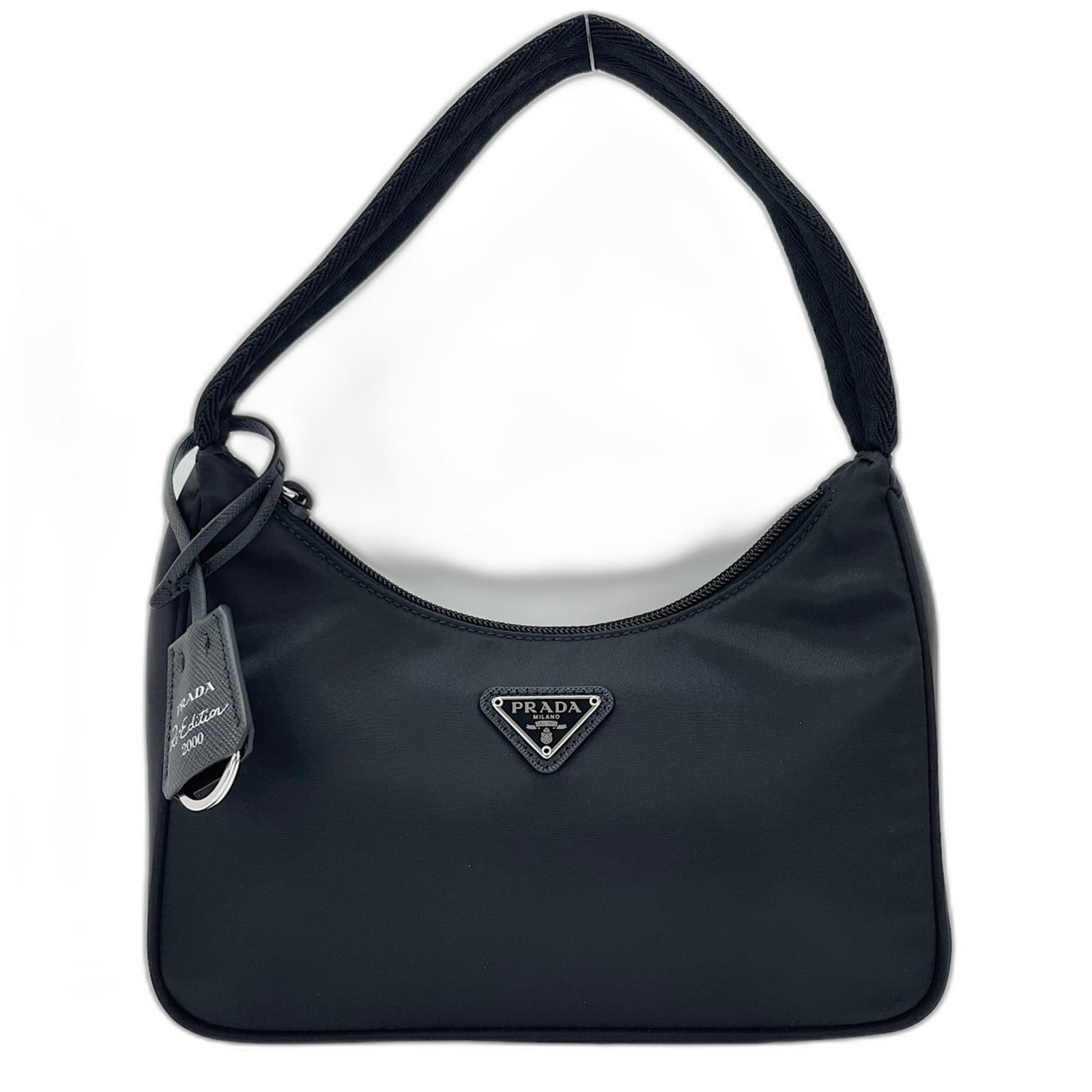 Handbag: Handbag Black Prada handbag with a sleek design, measuring 16cm x 22cm x 5.5cm and featuring a 14.00cm handle drop. The bag bears no serial number on its body. Its compact size makes it a stylish acce