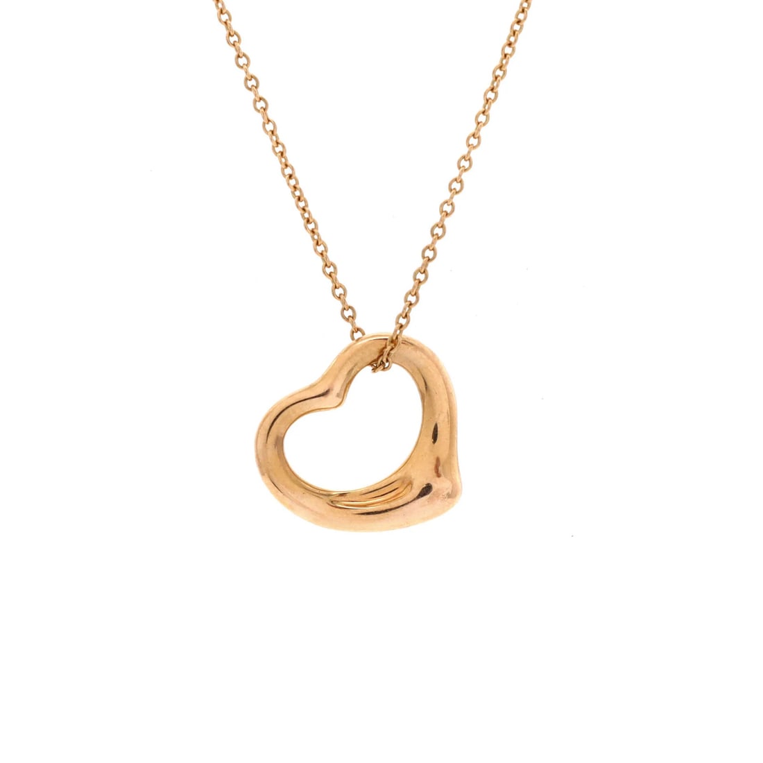 Elsa Peretti Pendant Open Heart 18K Rose Gold Necklace 16mm By Tiffany: Elsa Peretti Pendant Open Heart 18K Rose Gold Necklace 16mm By Tiffany 18K rose gold pendant necklace featuring the iconic Elsa Peretti Open Heart design, crafted with elegant simplicity. This exquisi