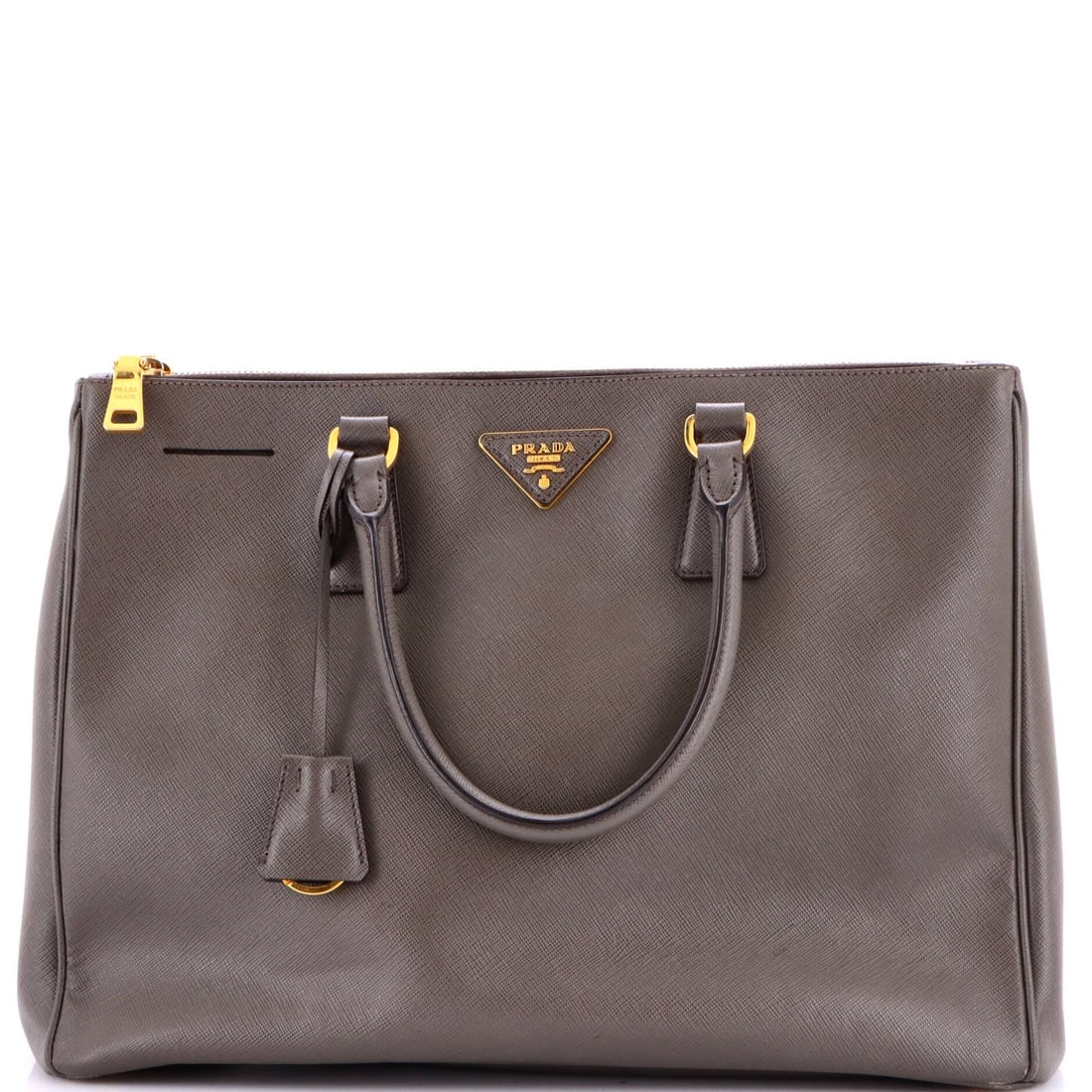 Lux Tote Saffiano Leather Large Double Prada: Lux Tote Saffiano Leather Large Double Prada Gray Saffiano Leather Lux Double Zip Tote from Prada, featuring heavy edge wear and scuffs on the exterior. This large tote measures 10.5" high, 14" wide,