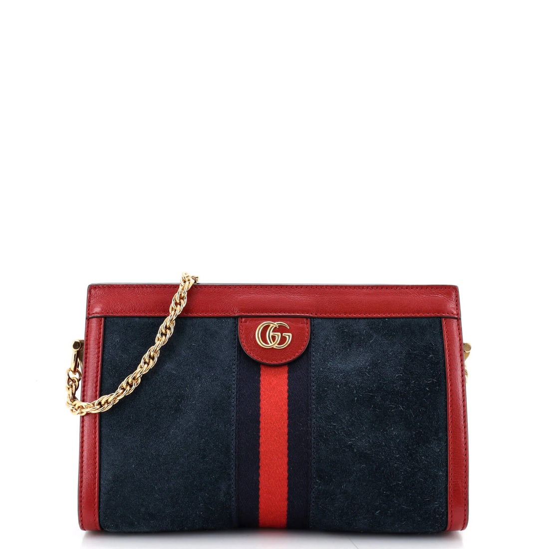 Chain gucci Ophidia suede bag small: Chain gucci Ophidia suede bag small Small Gucci Ophidia Chain Suede Shoulder Bag in Blue with Gold Hardware, featuring suede exterior and microfiber interior. The bag showcases a unique blue and red c